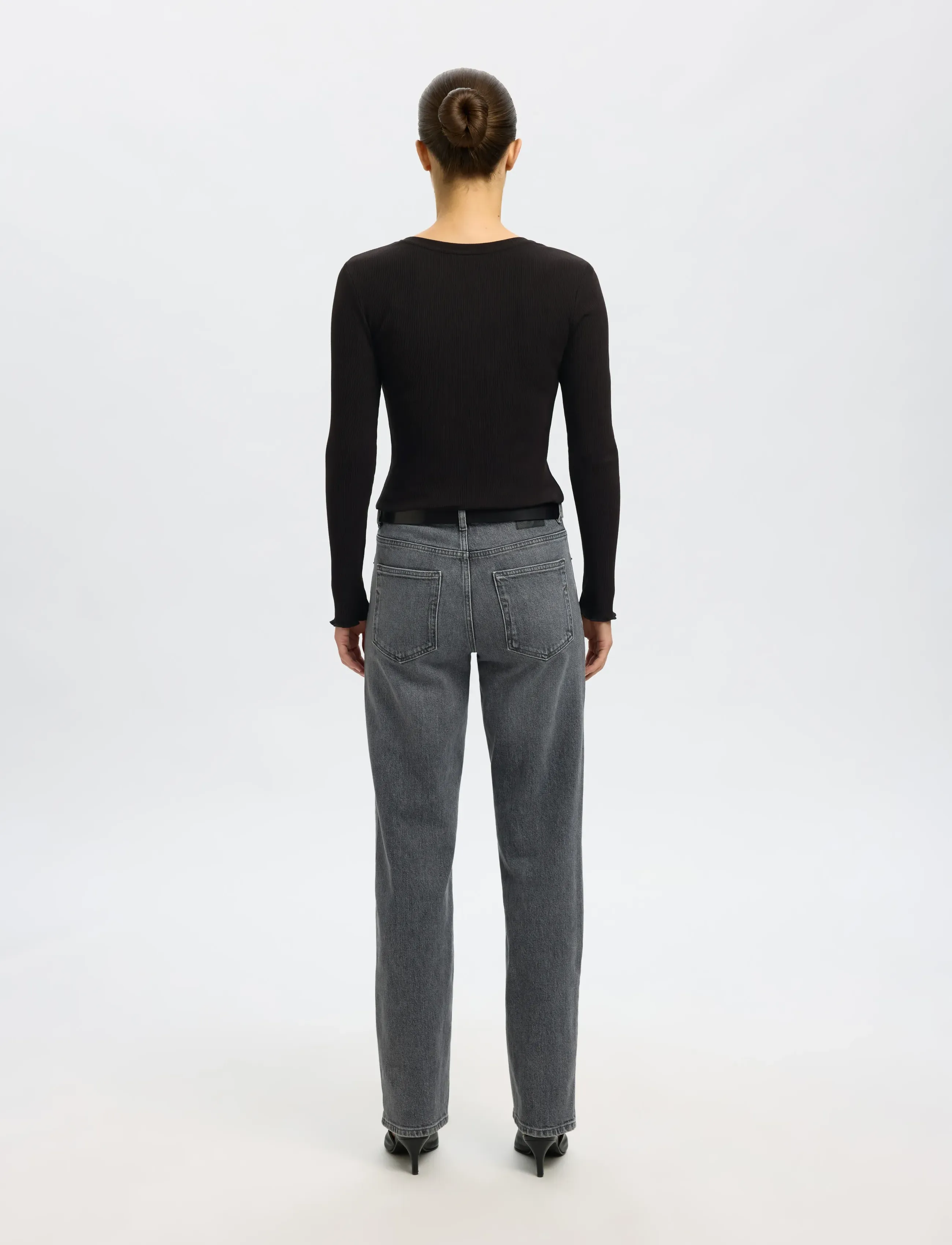 Selected - SLFANNA LS CREW NECK TEE S NOOS - langärmlige tops - black - 3