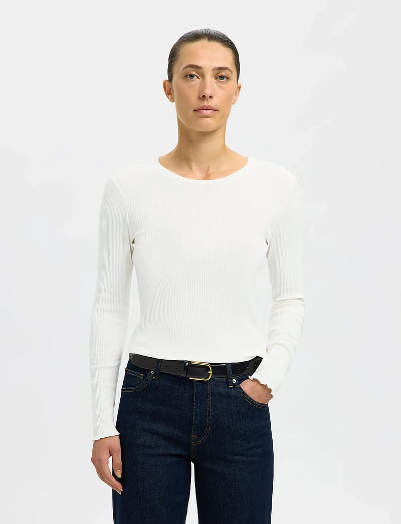 Selected - SLFANNA LS CREW NECK TEE S NOOS - långärmade toppar - snow white - 0