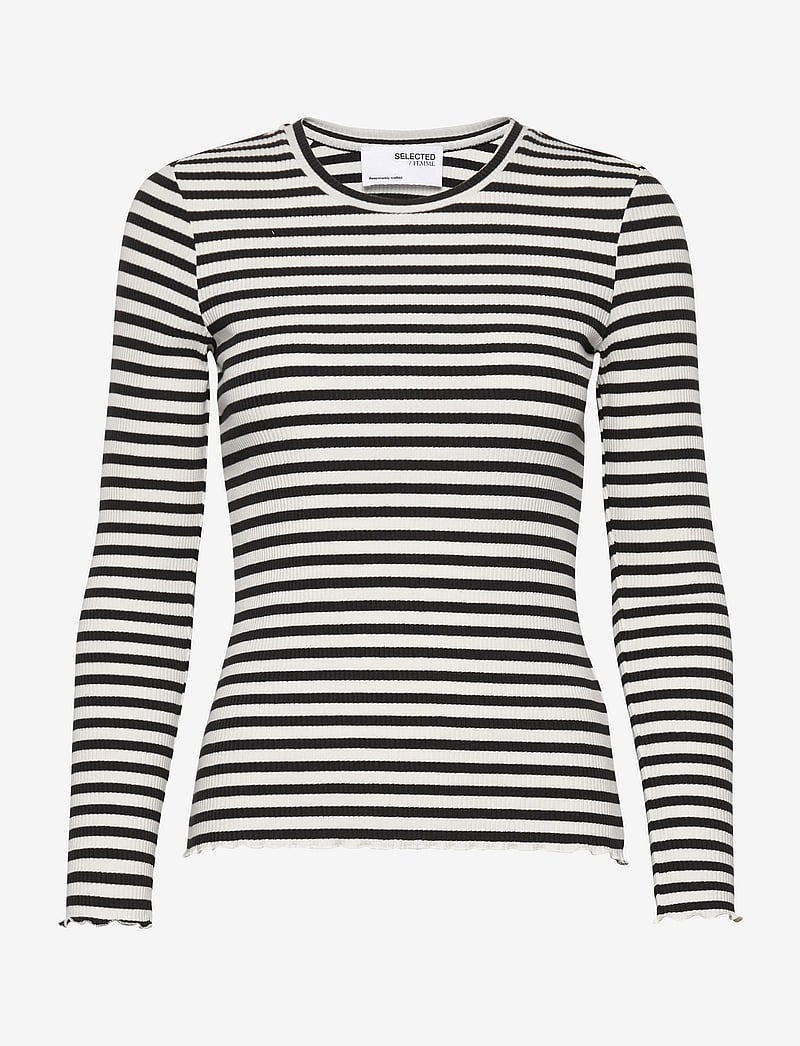 Selected - SLFANNA LS CREW NECK TEE STR NOOS - langærmede toppe - black - 1