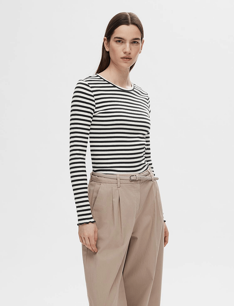 Selected - SLFANNA LS CREW NECK TEE STR NOOS - langærmede toppe - black - 0