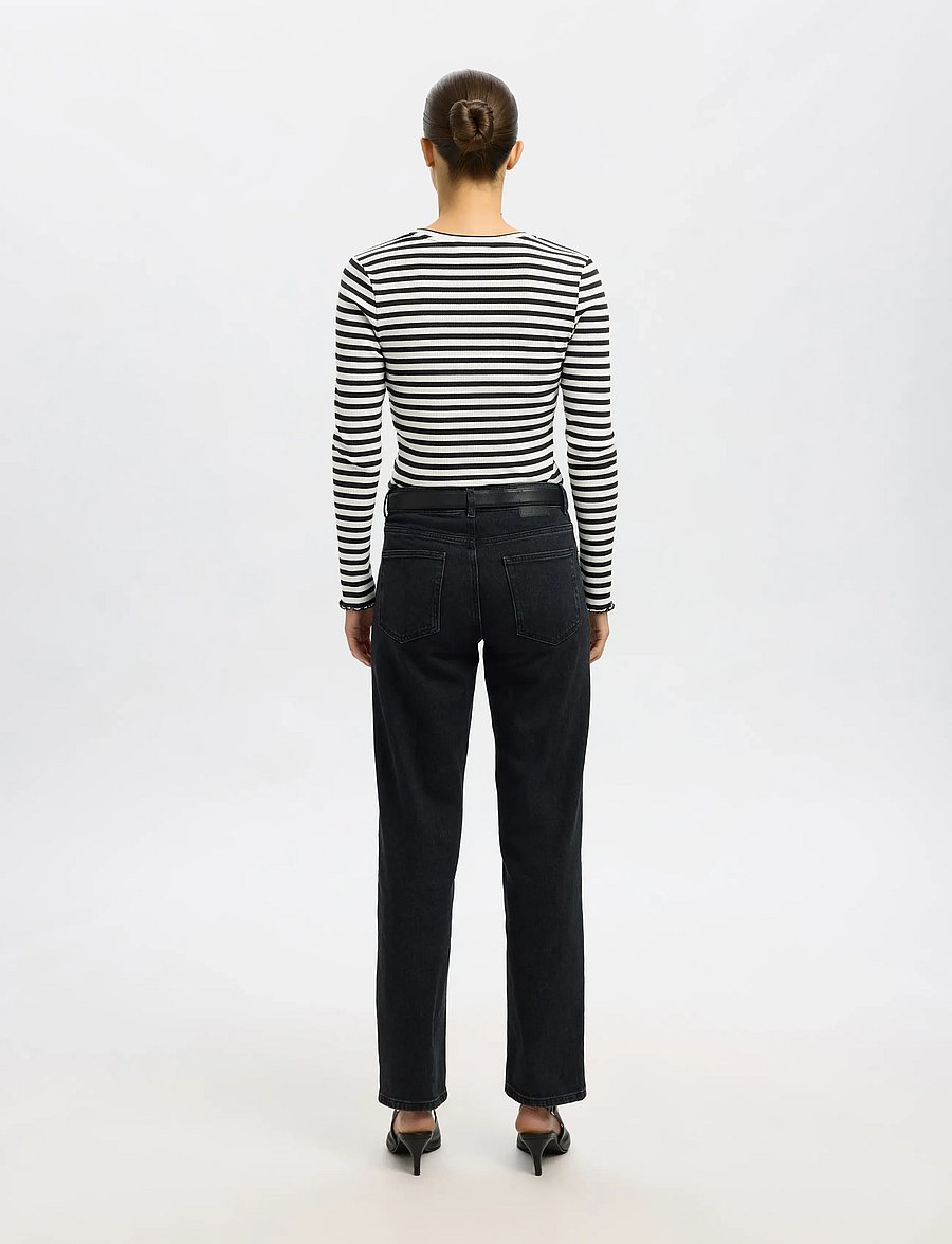 Selected - SLWANNA LS CREW NECK TEE STR NOOS - langärmlige tops - black - 3