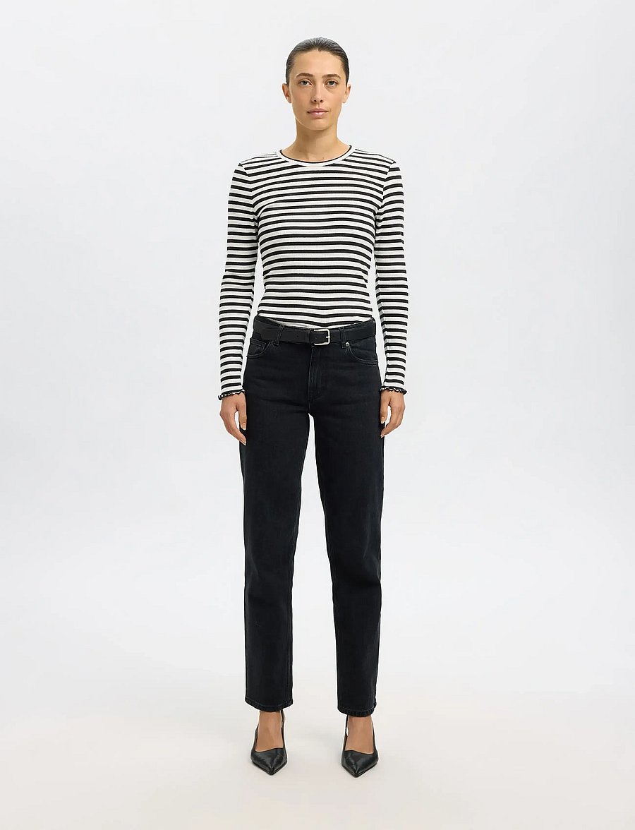 Selected - SLWANNA LS CREW NECK TEE STR NOOS - langärmlige tops - black - 4