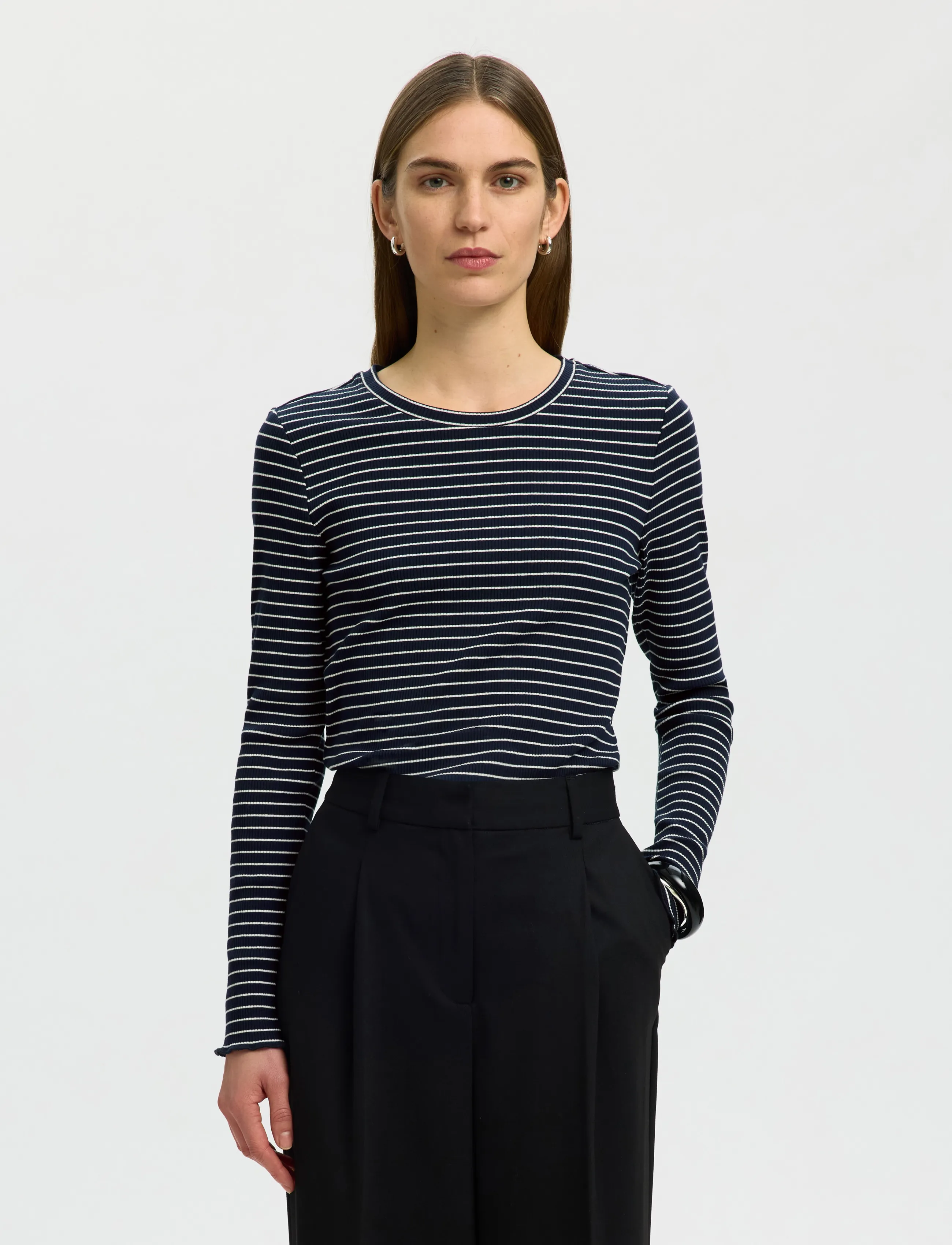 Selected SLFANNA LS CREW NECK TEE STR NOOS - Langärmlige Tops - DARK SAPPHIRE / navy