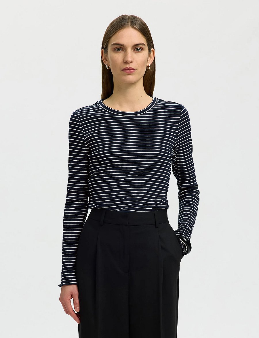 Selected - SLFANNA LS CREW NECK TEE STR NOOS - langärmlige tops - dark sapphire - 0