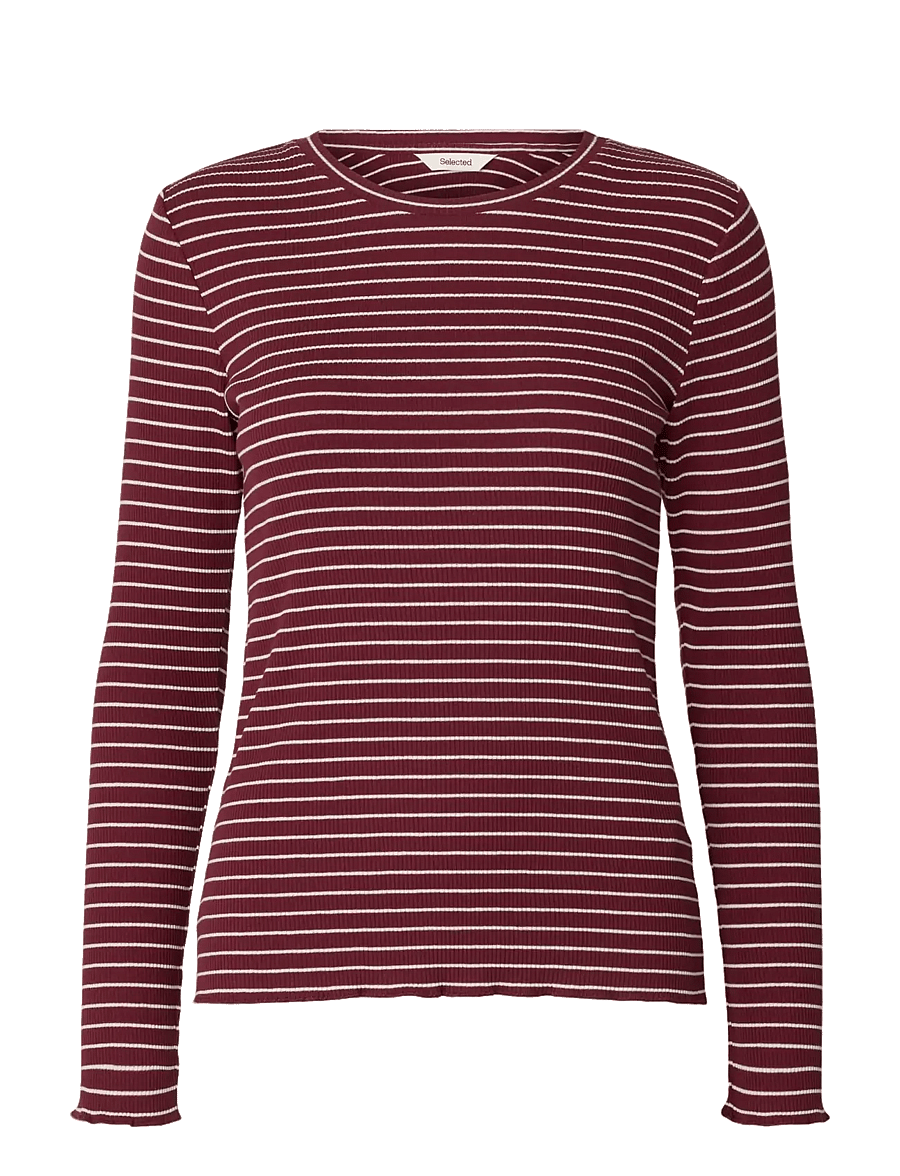 Selected - SLFANNA LS CREW NECK TEE STR NOOS - langärmlige tops - tawny port - 0