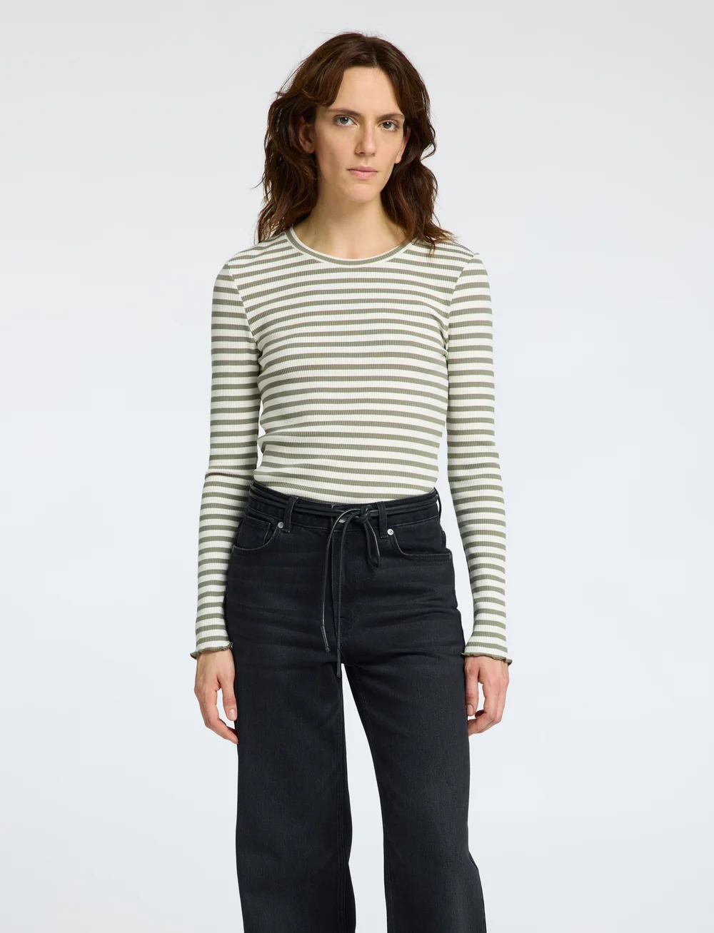 Selected - SLFANNA LS CREW NECK TEE STR NOOS - long-sleeved tops - vetiver - 0