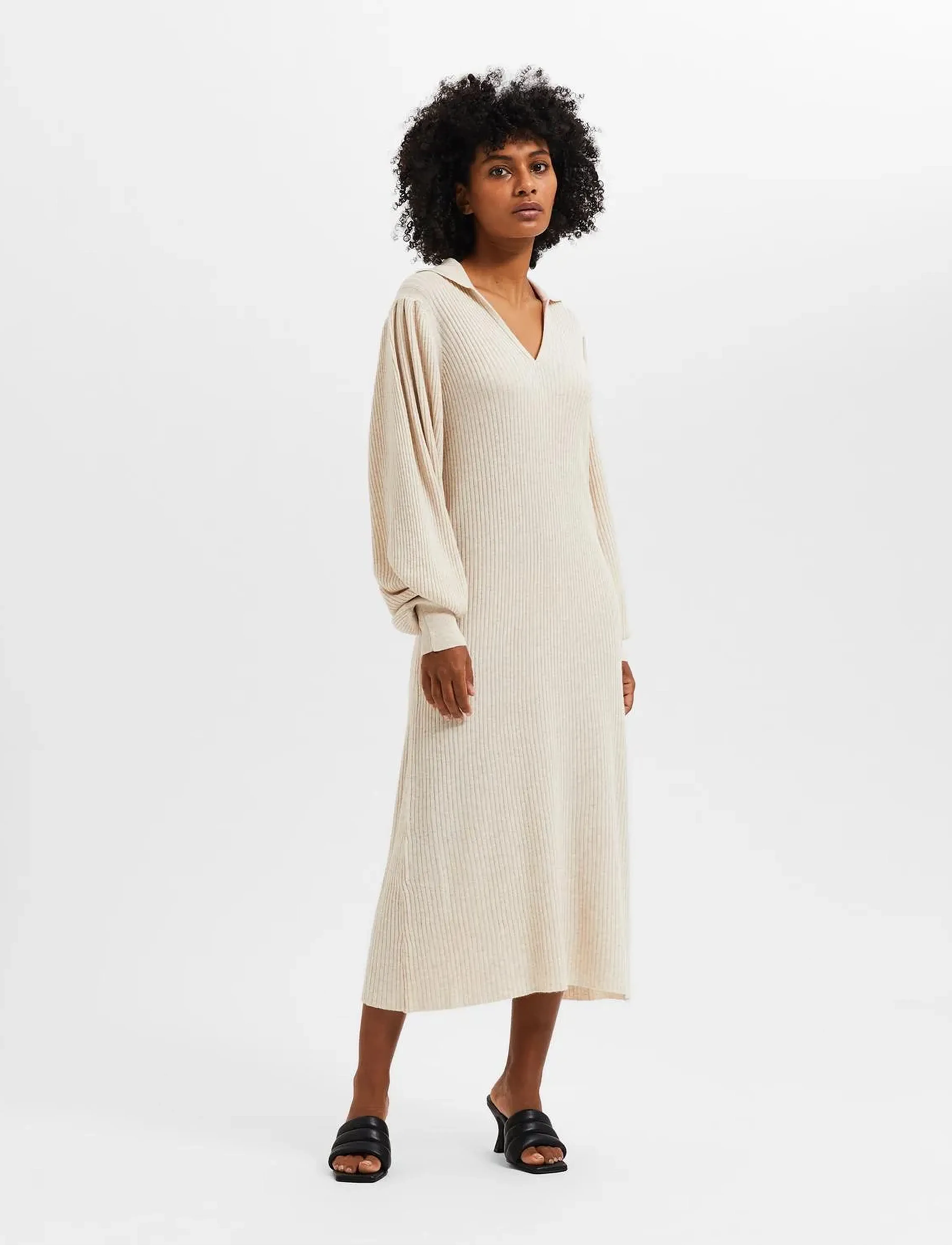 Selected SLFSELENE LS KNIT DRESS B - Kjoler - BIRCH / cream