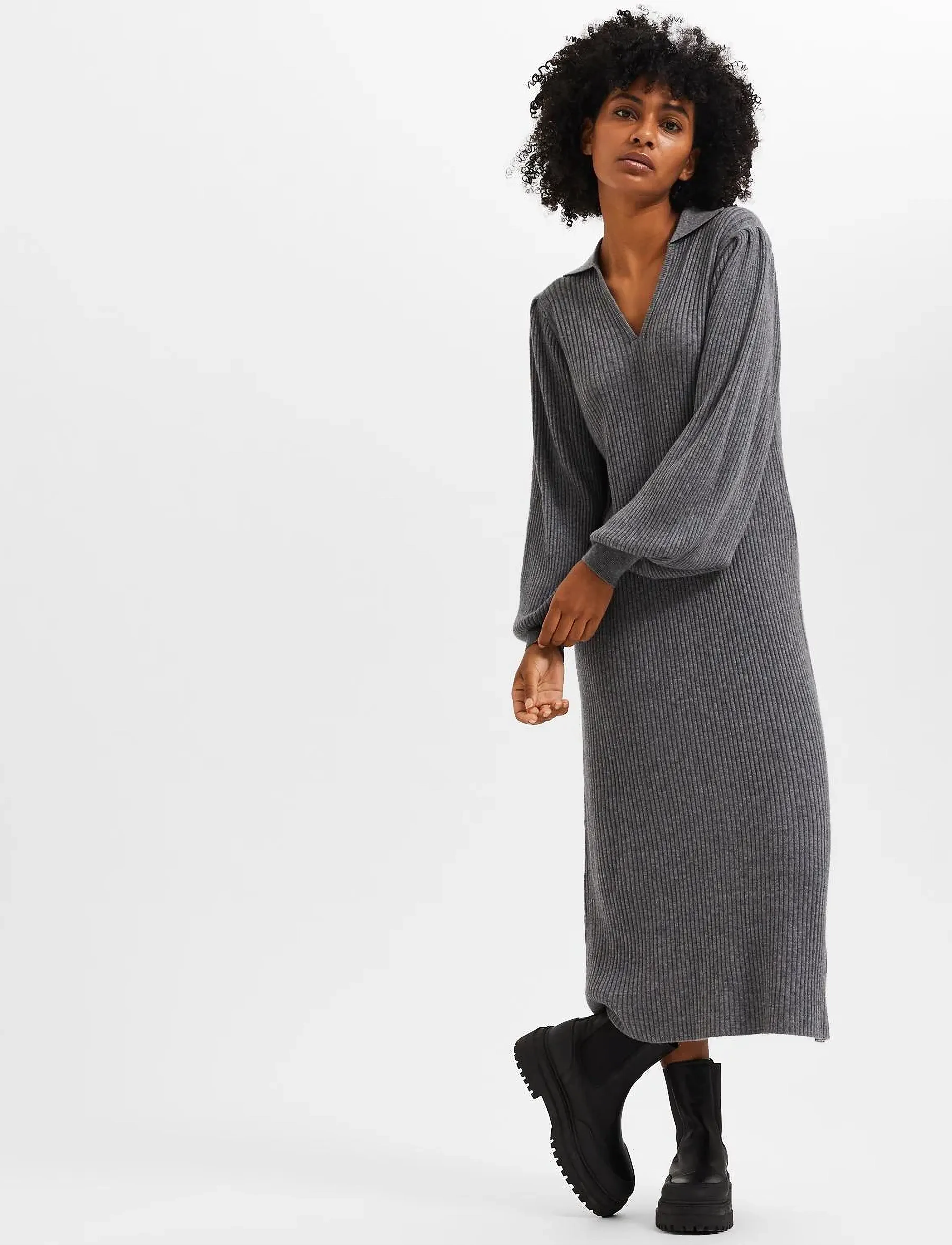 Selected - SLFSELENE LS KNIT DRESS B - strikkjoler - medium grey melange - 4