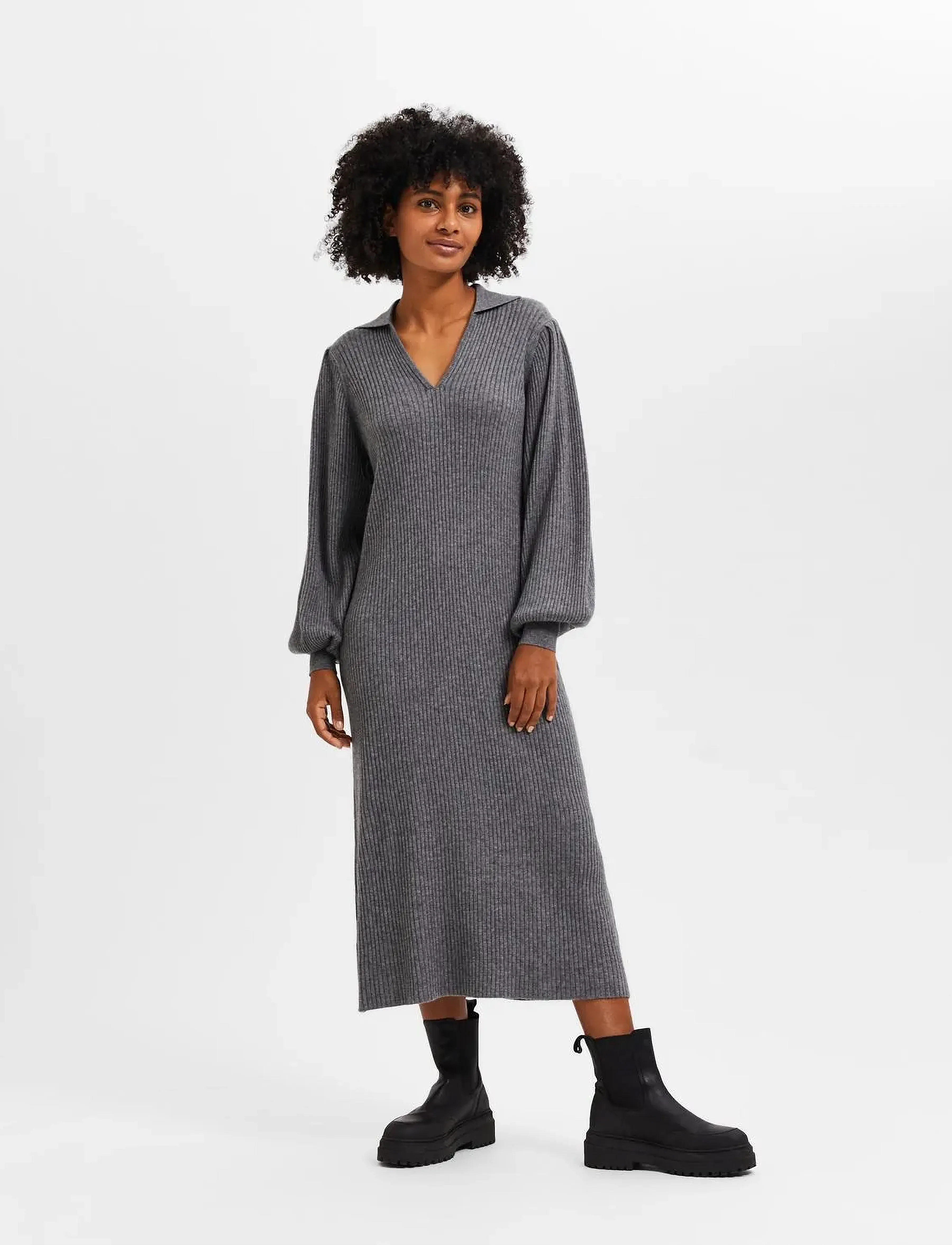 Selected - SLFSELENE LS KNIT DRESS B - strikkjoler - medium grey melange - 5