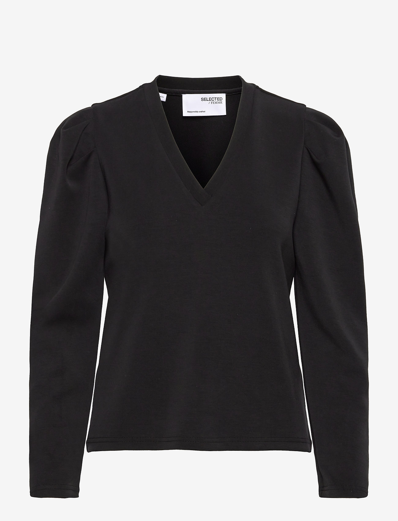 Selected Femme - SLFLORA LS V-NECK SWEAT TOP B - t-shirts & tops - black - 0