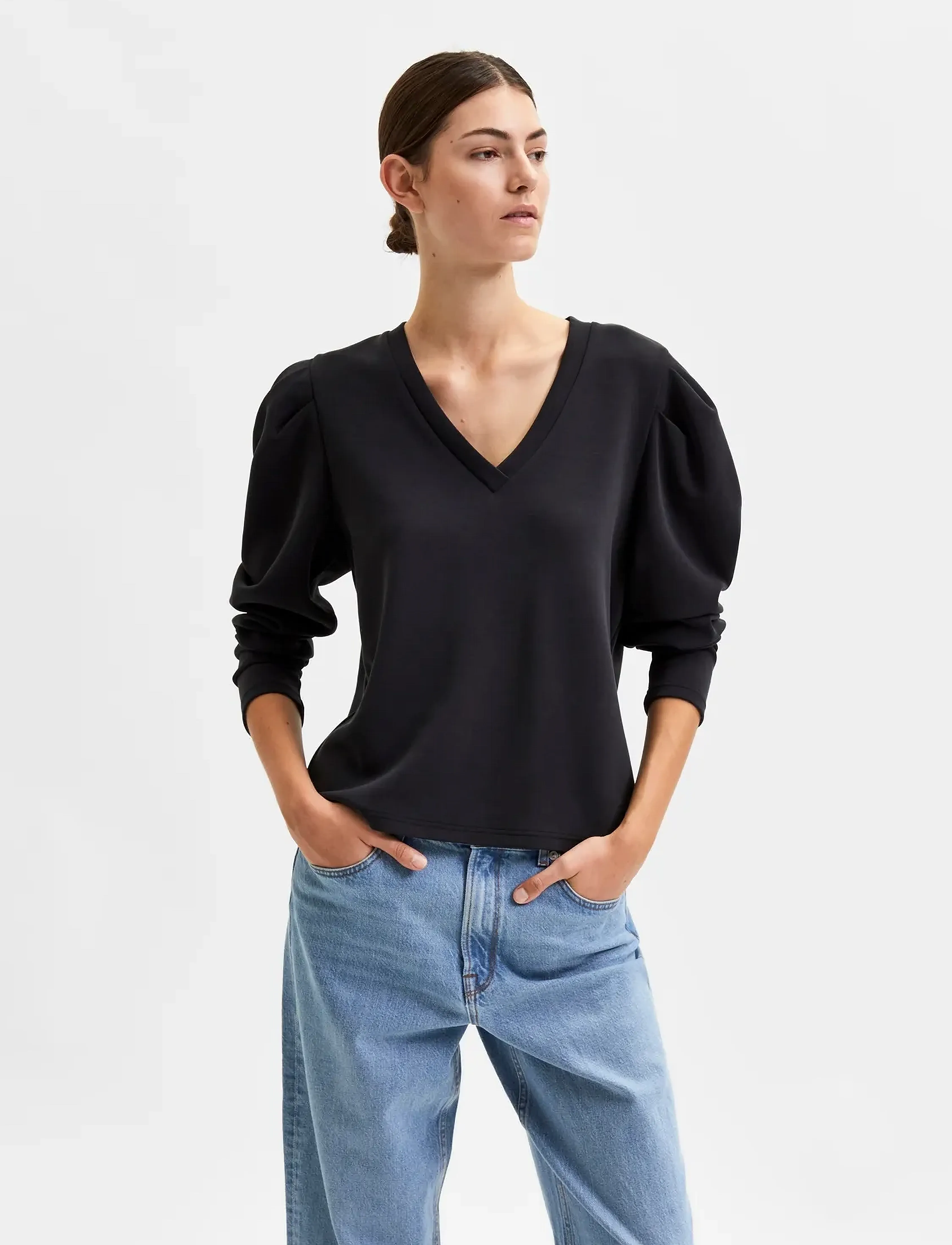 Selected SLFLORA LS V-NECK SWEAT TOP B - T-Shirts & Tops - BLACK / black