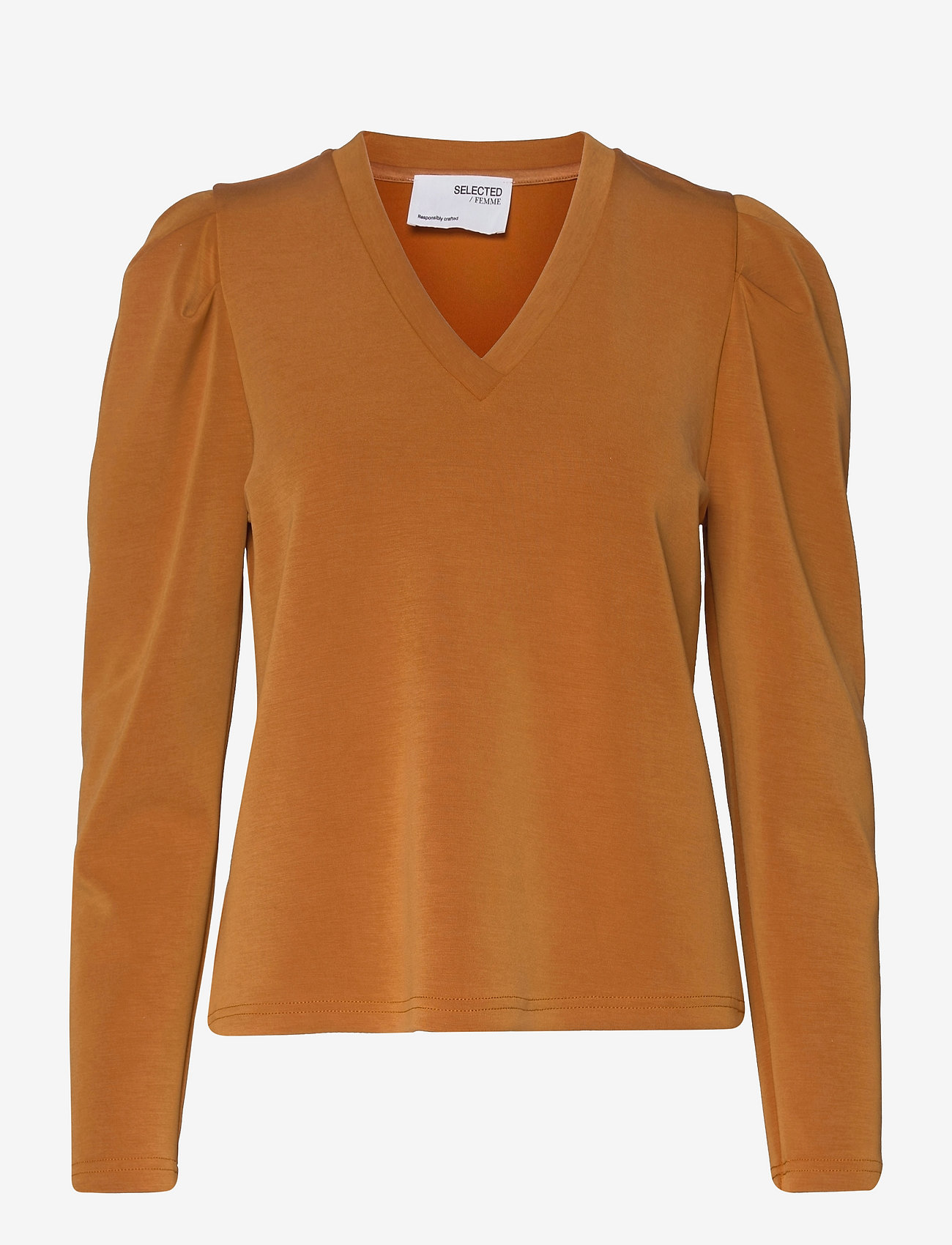 Selected Femme - SLFLORA LS V-NECK SWEAT TOP B - t-shirt & tops - pumpkin spice - 0