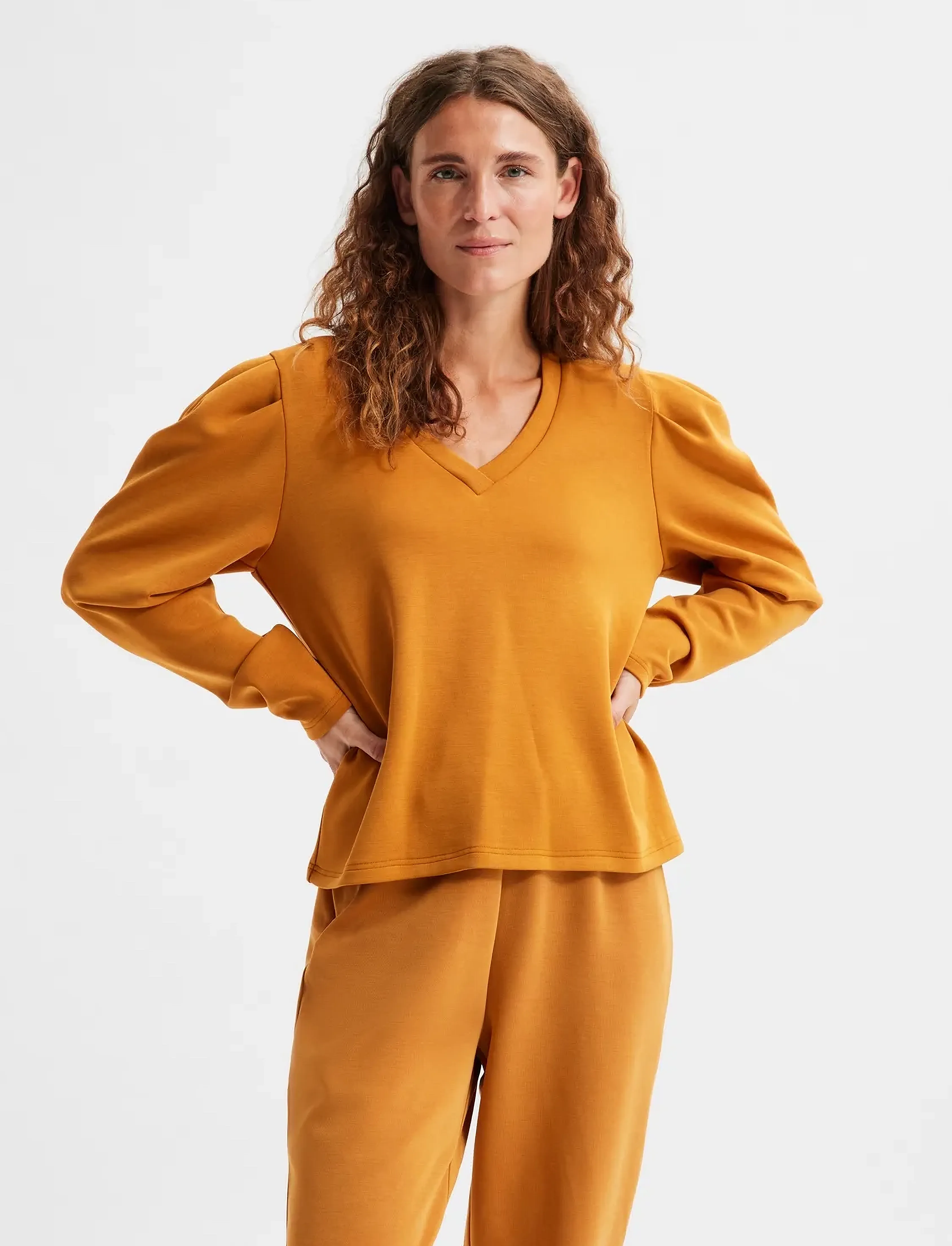 Selected SLFLORA LS V-NECK SWEAT TOP B - T-skjorter & Topper - PUMPKIN SPICE / orange