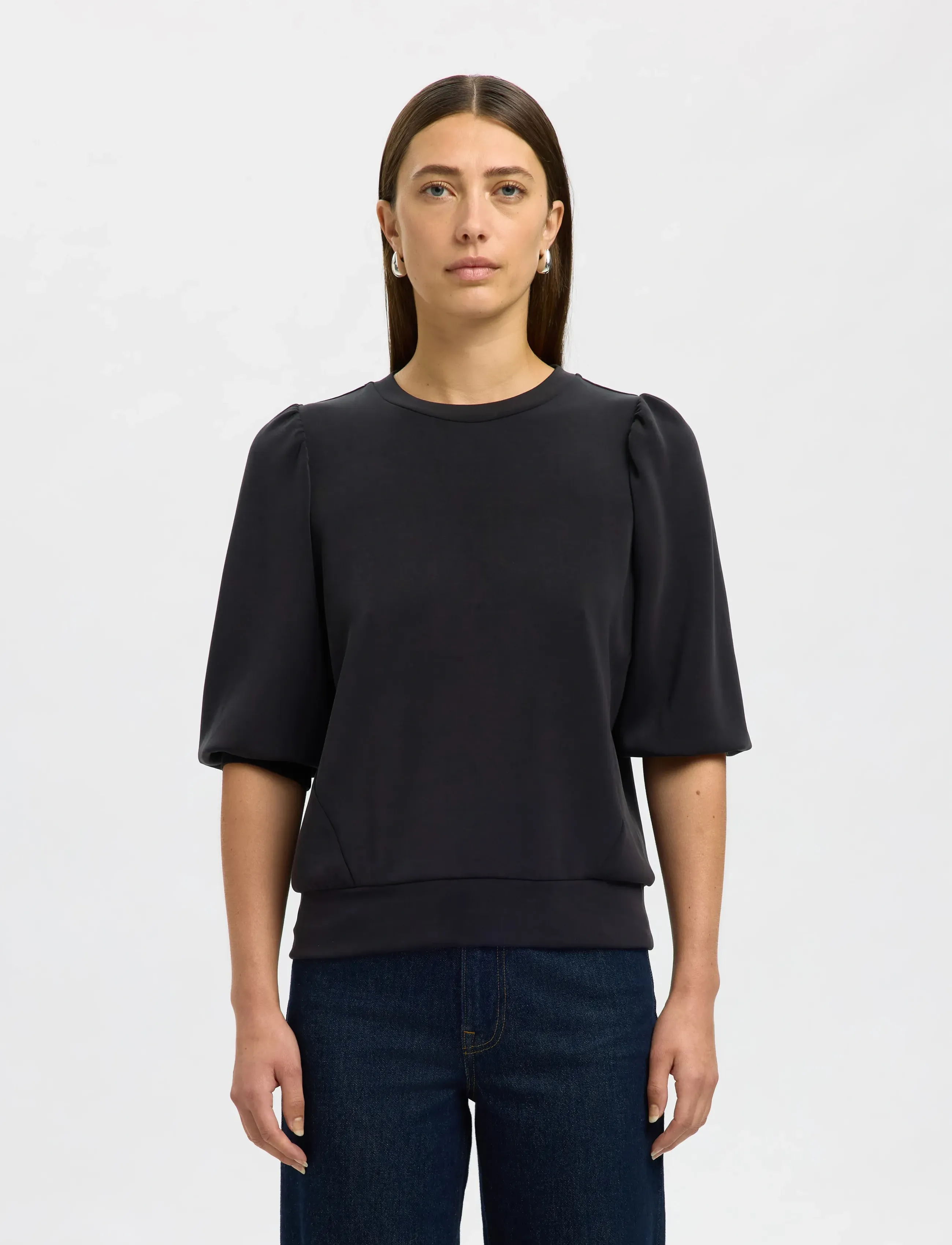 Selected Slwtenny 3/4 Sweat Top Noos, Kvinder, Puff 3/4 Ærme Sweatshirt, Sort, Str: XXL