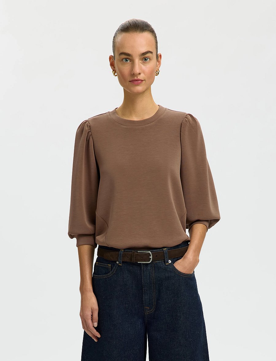 Selected - SLWTENNY 3/4 SWEAT TOP NOOS - langärmlige tops - chocolate chip - 0