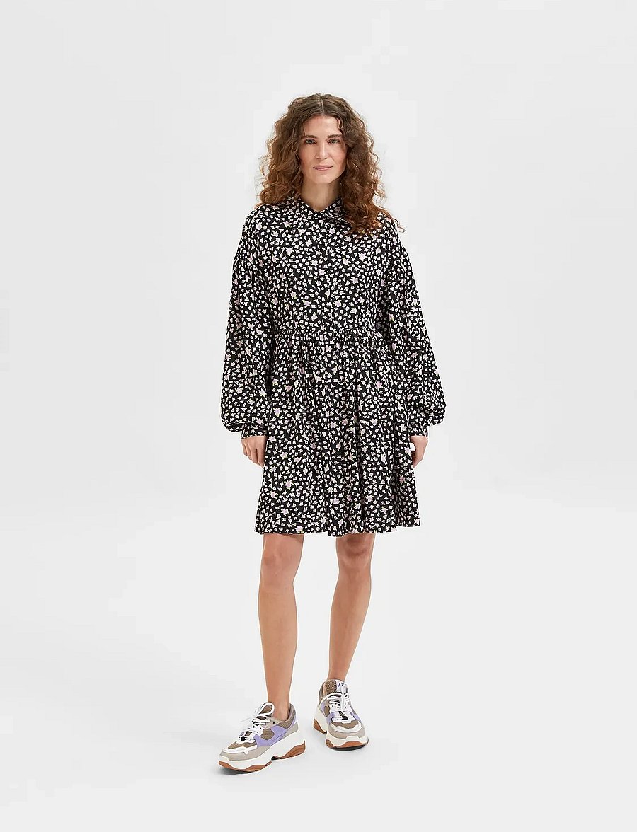 Selected - SLFJUDITA LS SHORT SHIRT DRESS B - skjortekjoler - black - 4