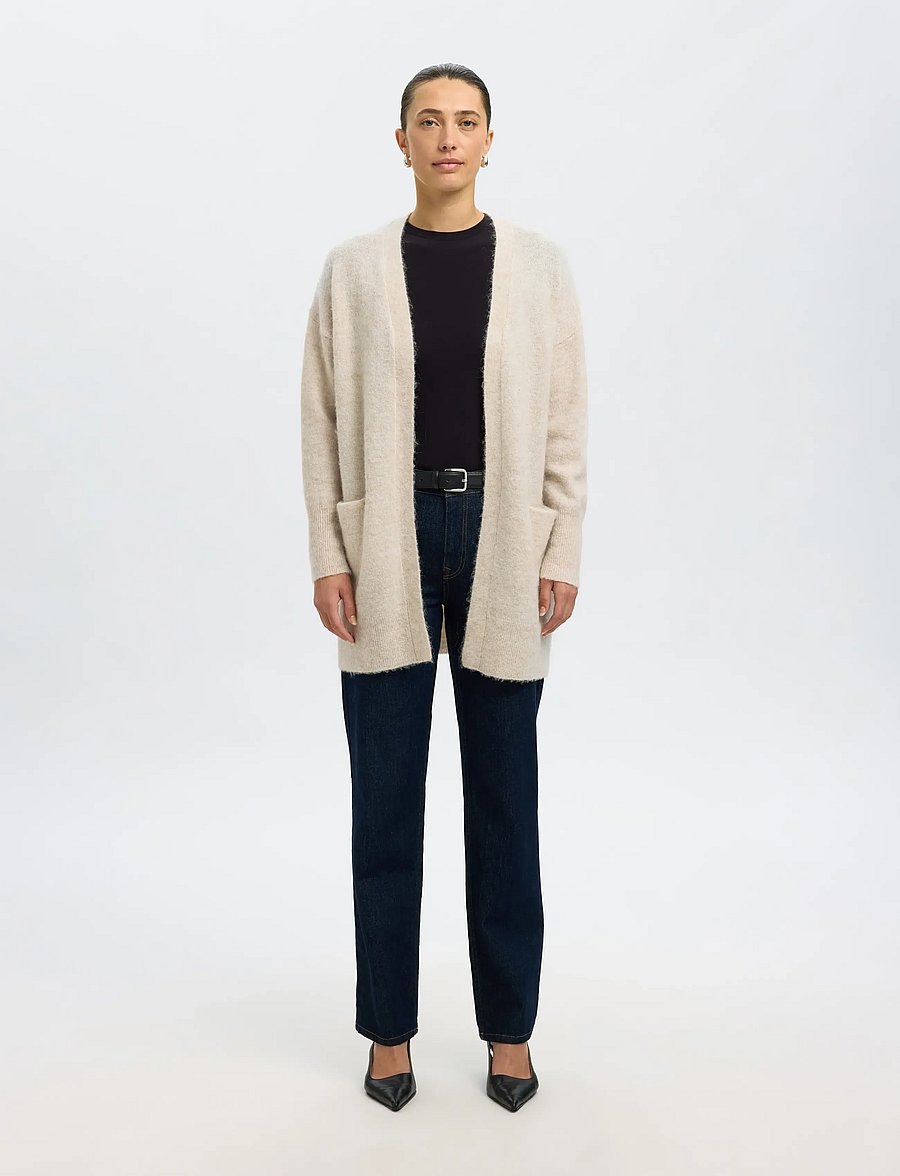 Selected - SLWLULU NEW LS KNIT LONG CARDIGAN B NOOS - strickjacken - birch - 0