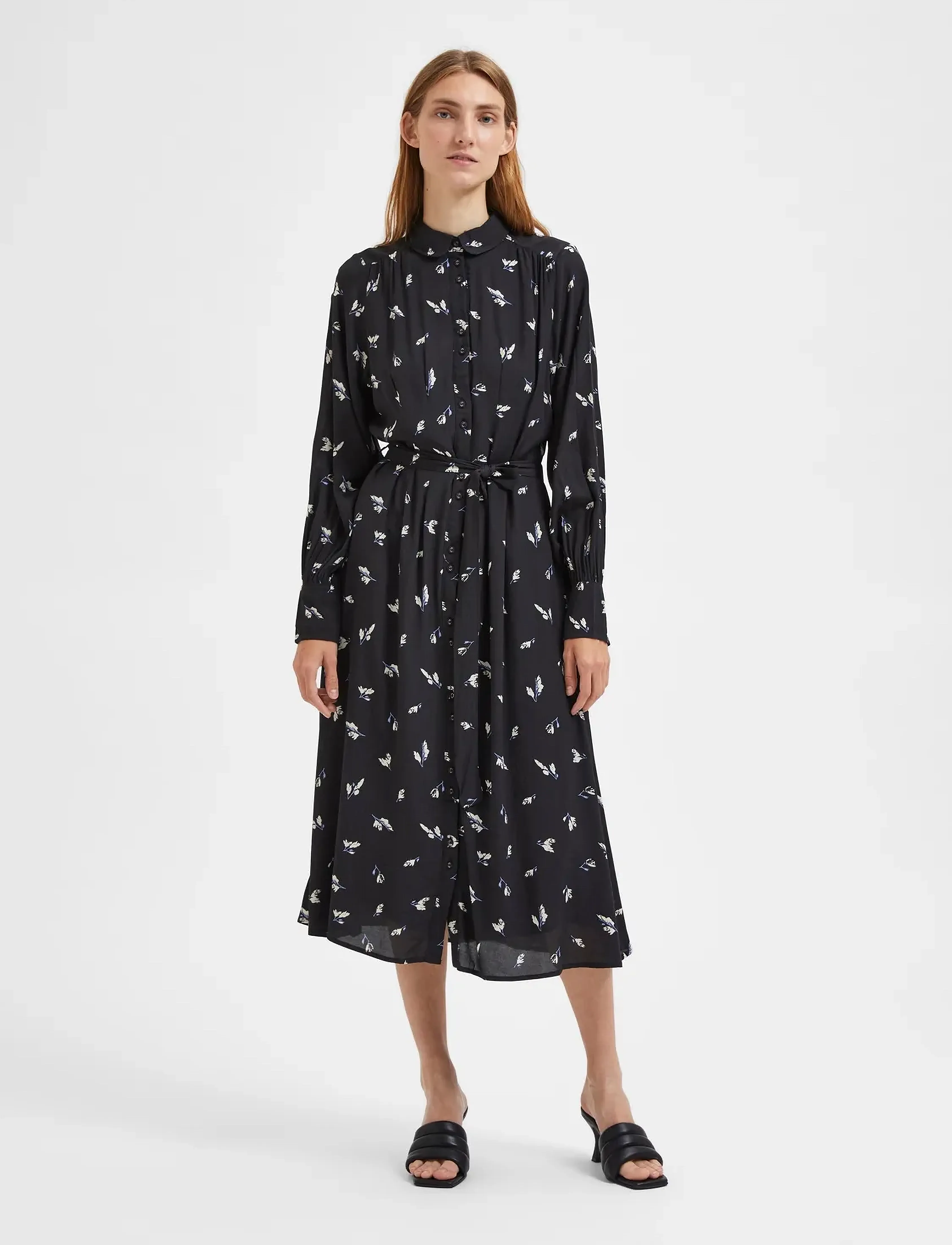 Selected SLFWALDA LS AOP MIDI DRESS - Kjoler - BLACK / black