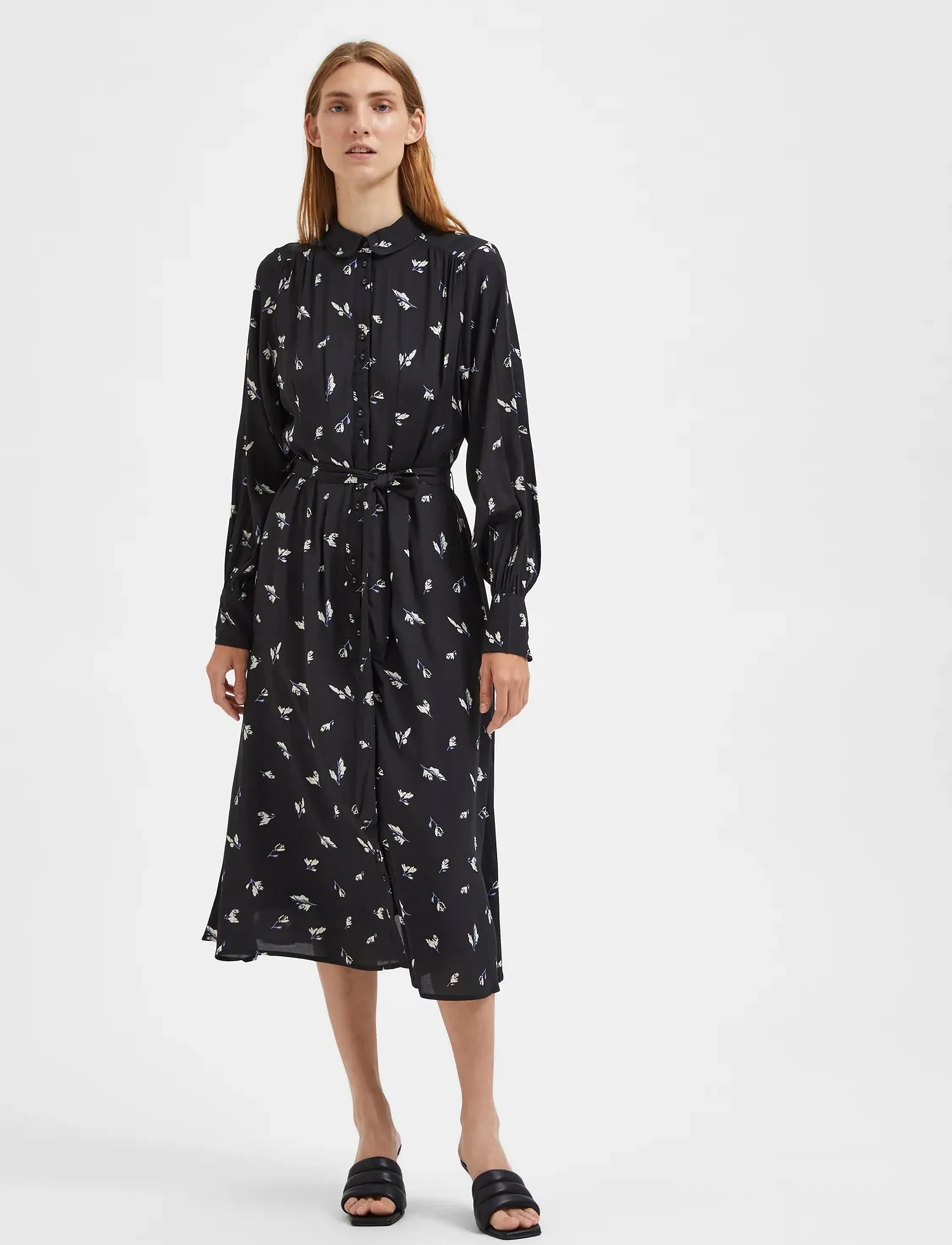 Selected - SLFWALDA LS AOP MIDI DRESS - skjortekjoler - black - 4