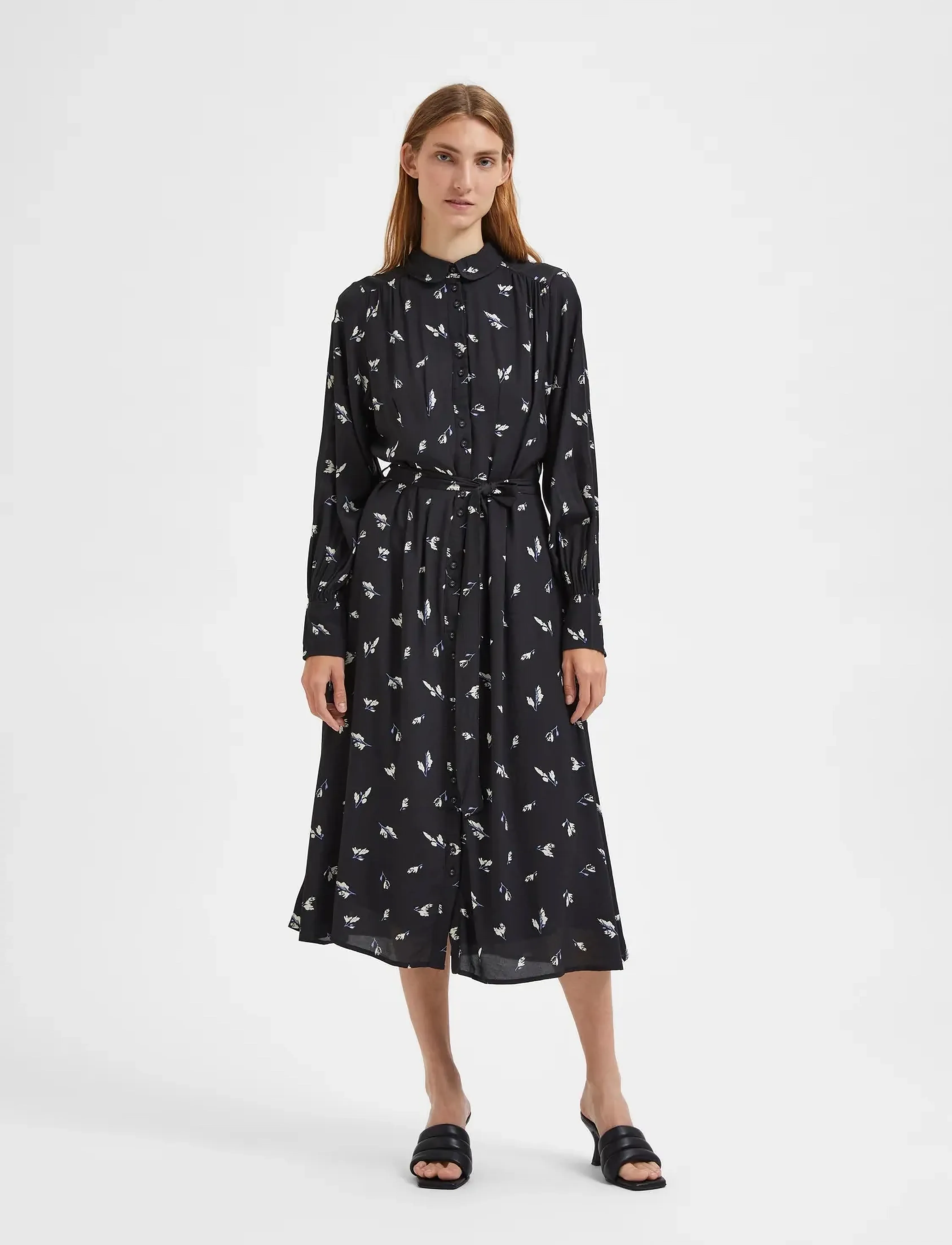 Selected - SLFWALDA LS AOP MIDI DRESS - skjortekjoler - black - 5
