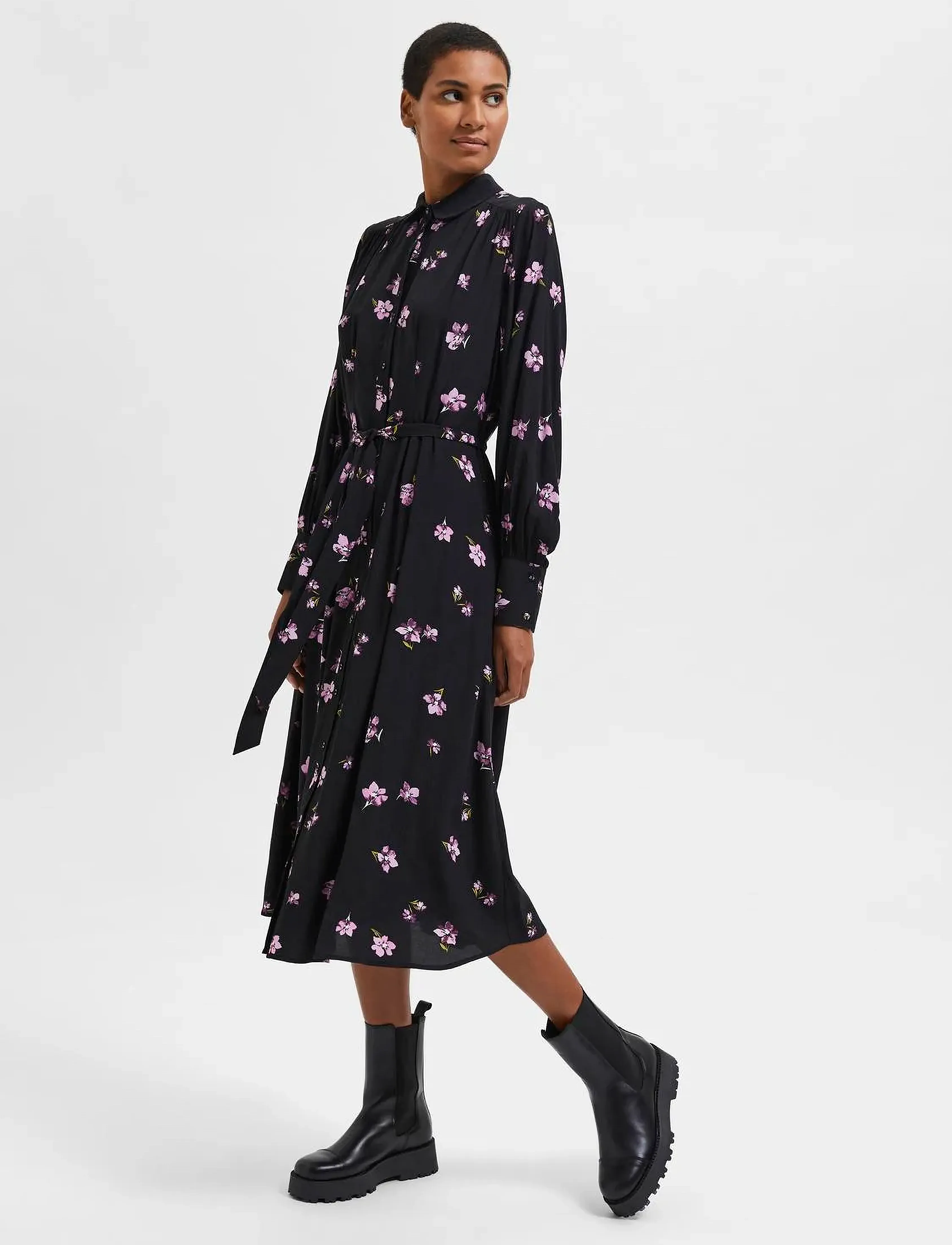 Selected - SLFWALDA LS AOP MIDI DRESS - hemdkleider - black - 4