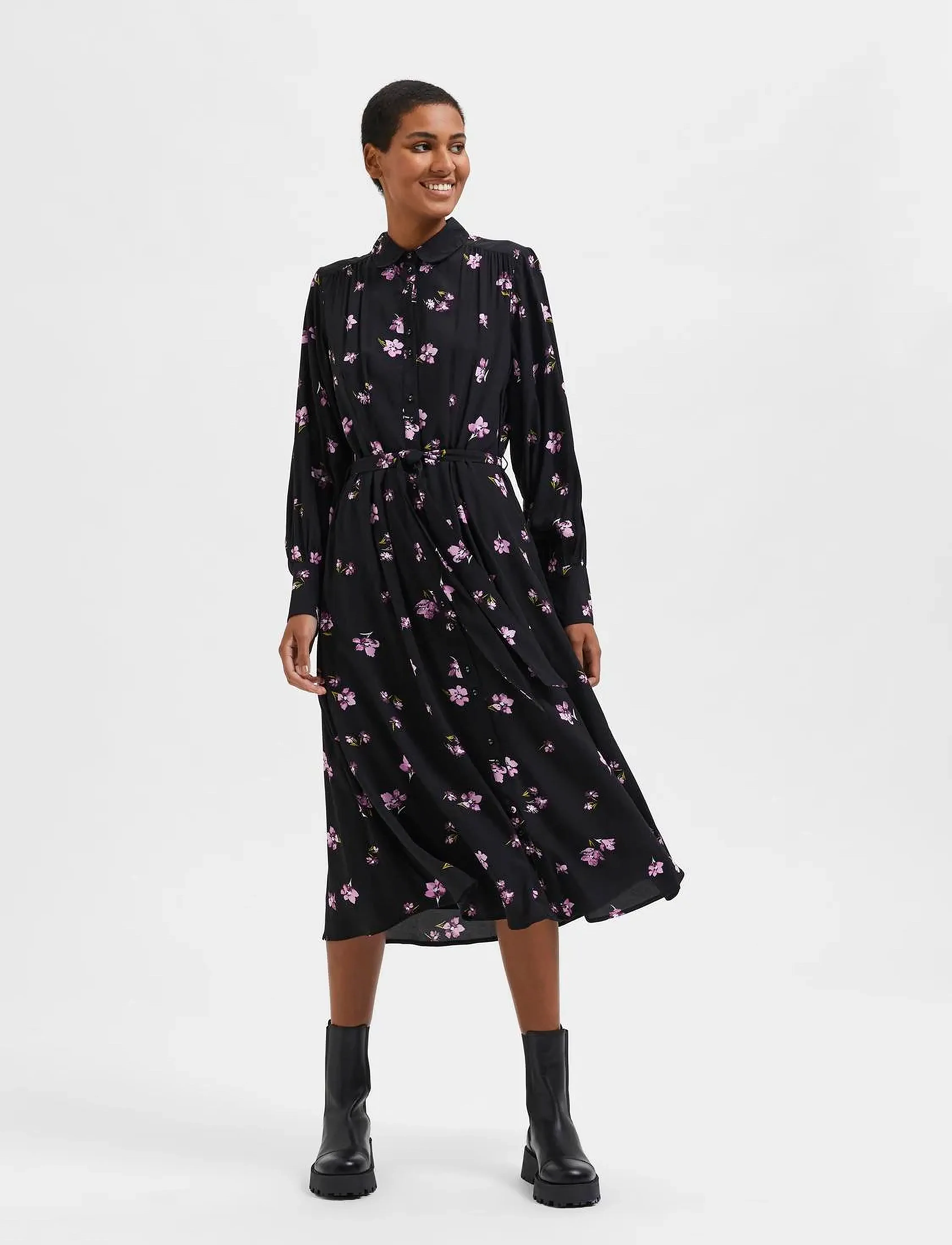 Selected - SLFWALDA LS AOP MIDI DRESS - hemdkleider - black - 5