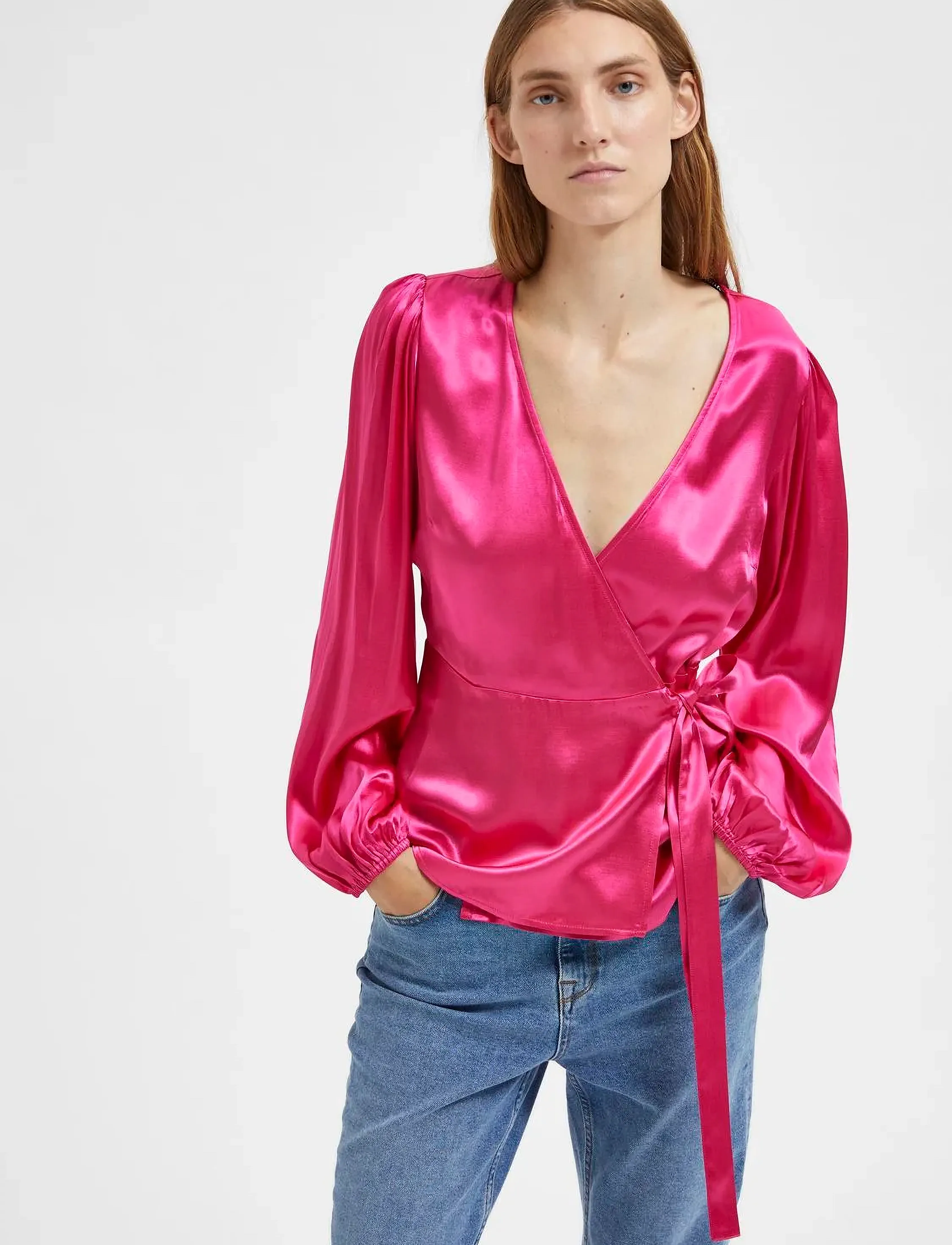 Selected - SLFEVA-FANNI LS WRAP TOP EX - langärmlige blusen - pink peacock - 4