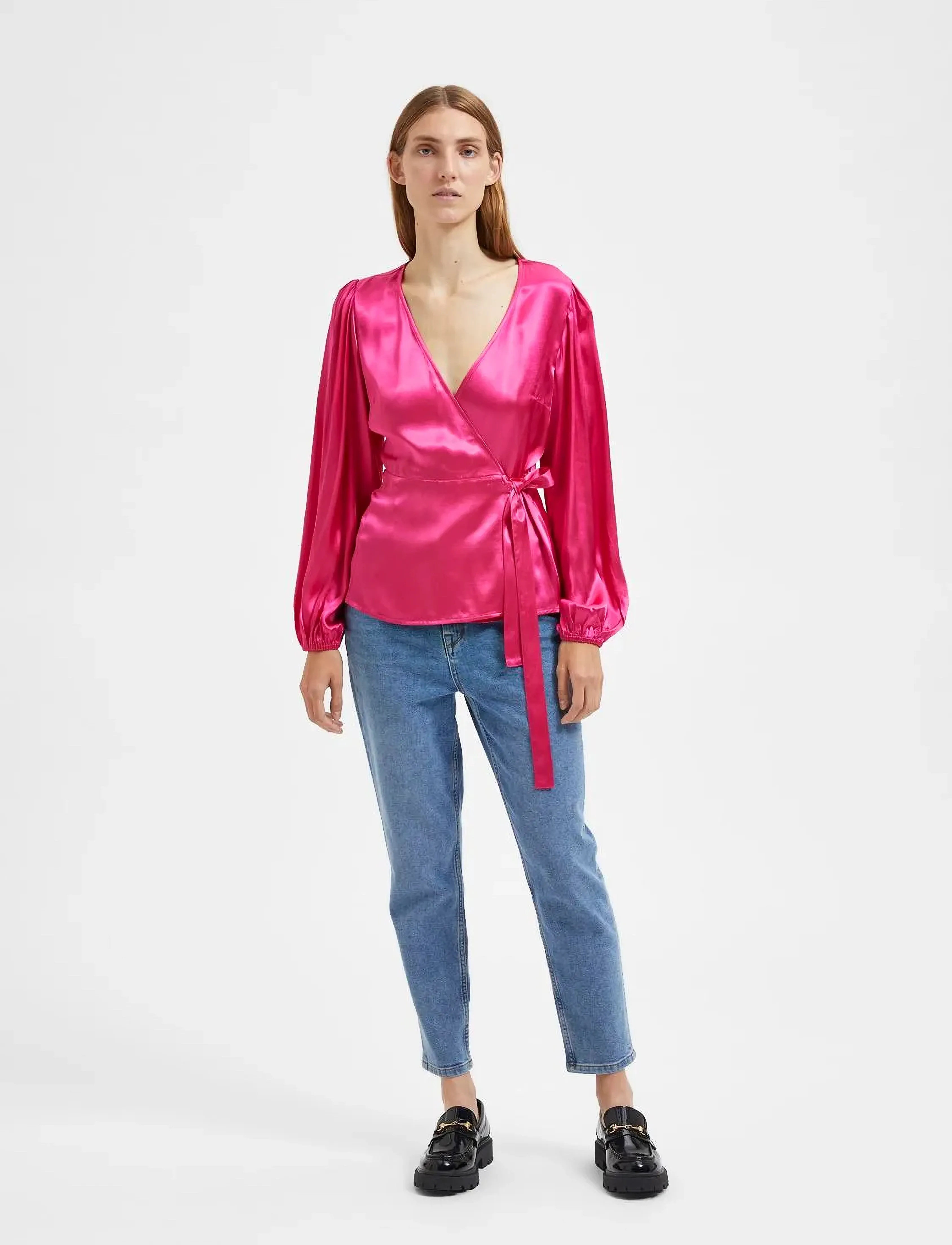 Selected - SLFEVA-FANNI LS WRAP TOP EX - langärmlige blusen - pink peacock - 5