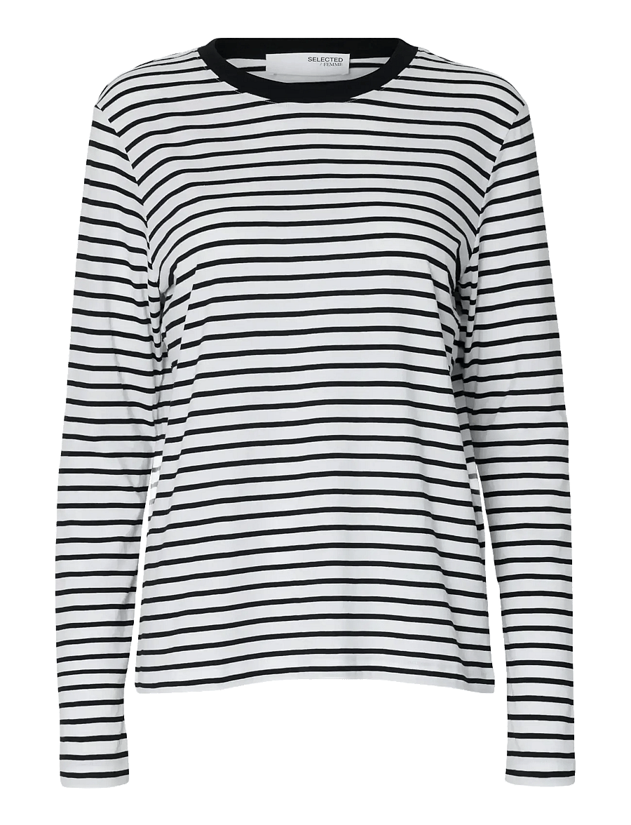 Selected - SLWESSENTIAL LS STRIPED O-NECK TEE NOOS - langerma toppar - black - 1