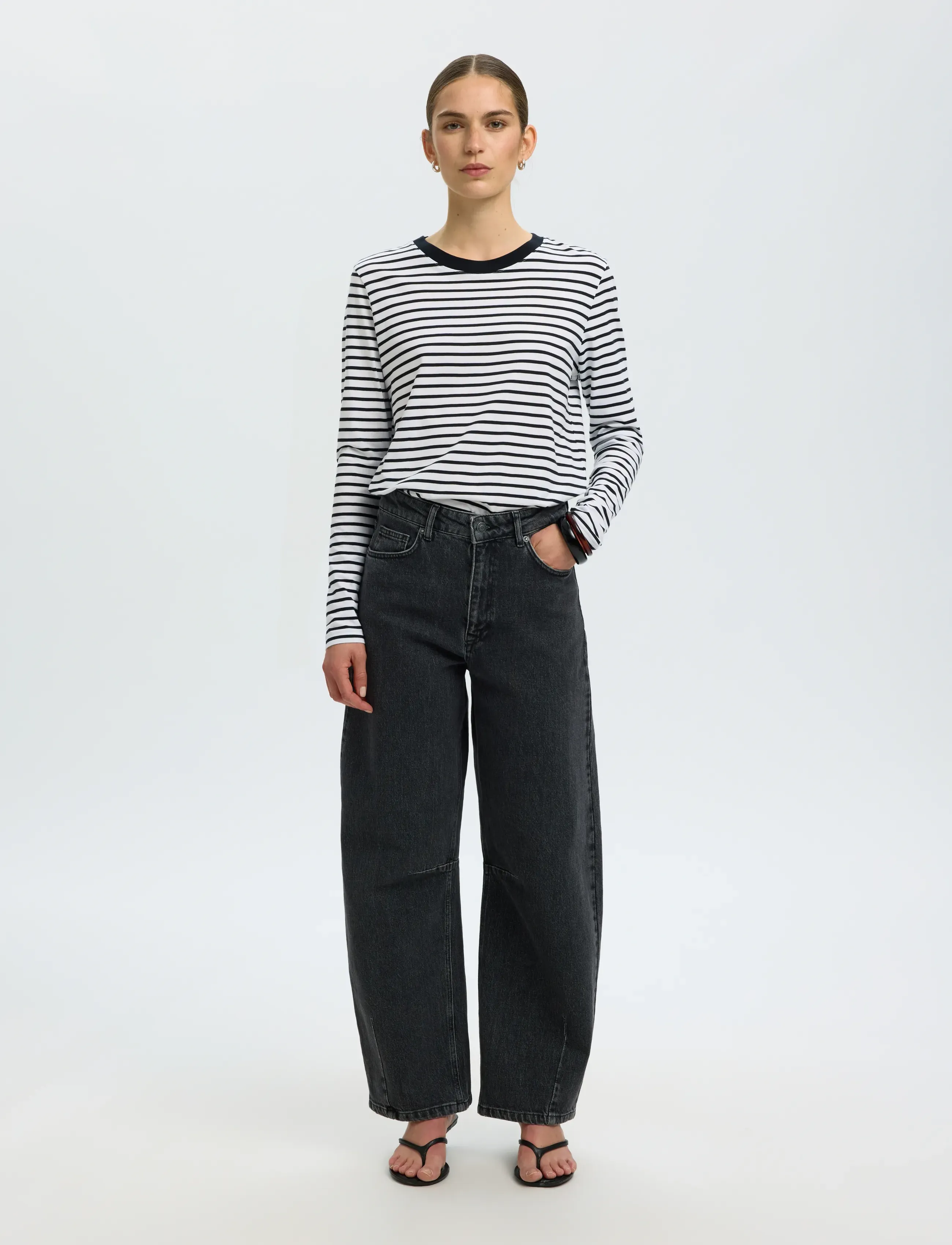 Selected - SLWESSENTIAL LS STRIPED O-NECK TEE NOOS - langerma toppar - black - 3