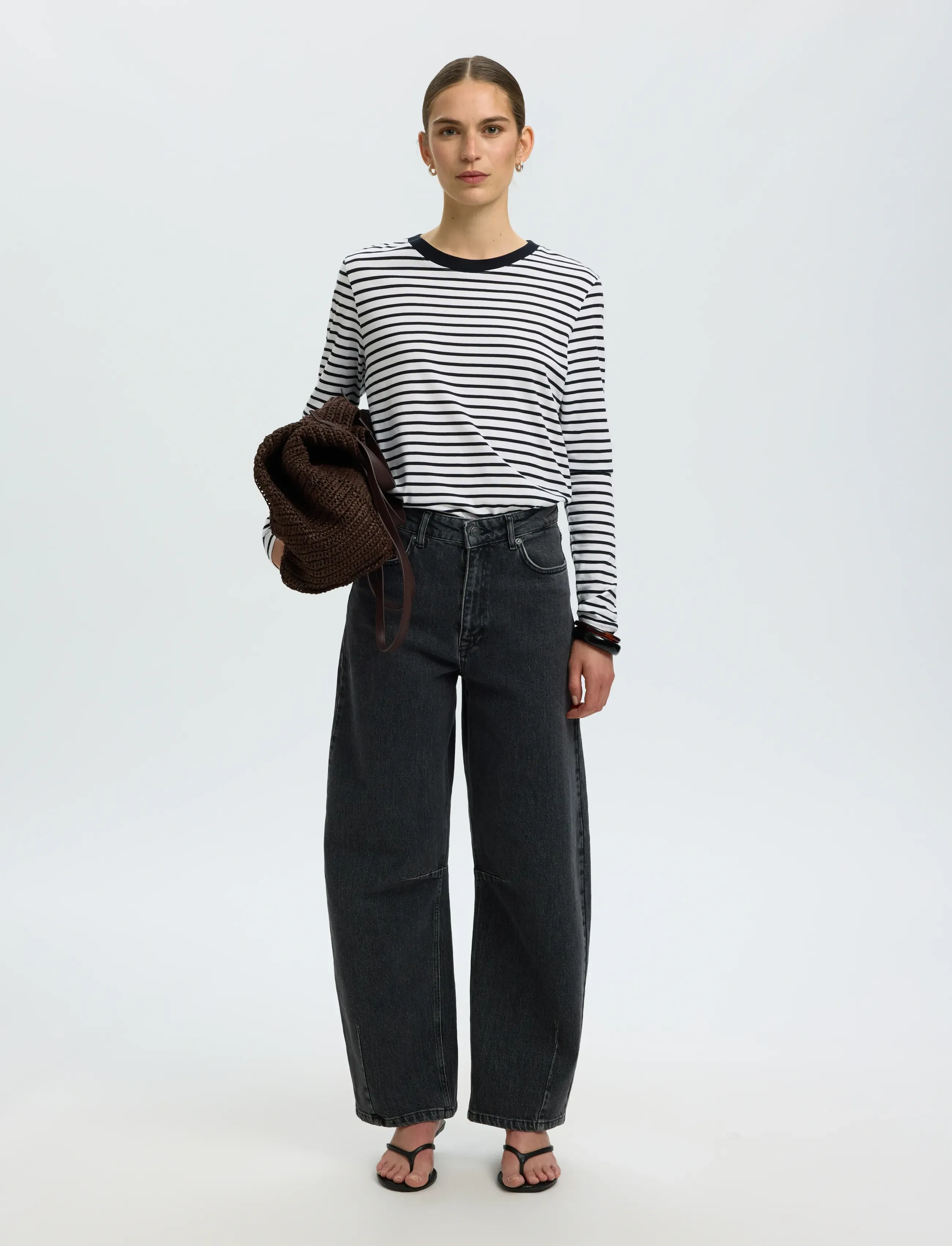 Selected - SLWESSENTIAL LS STRIPED O-NECK TEE NOOS - langerma toppar - black - 5