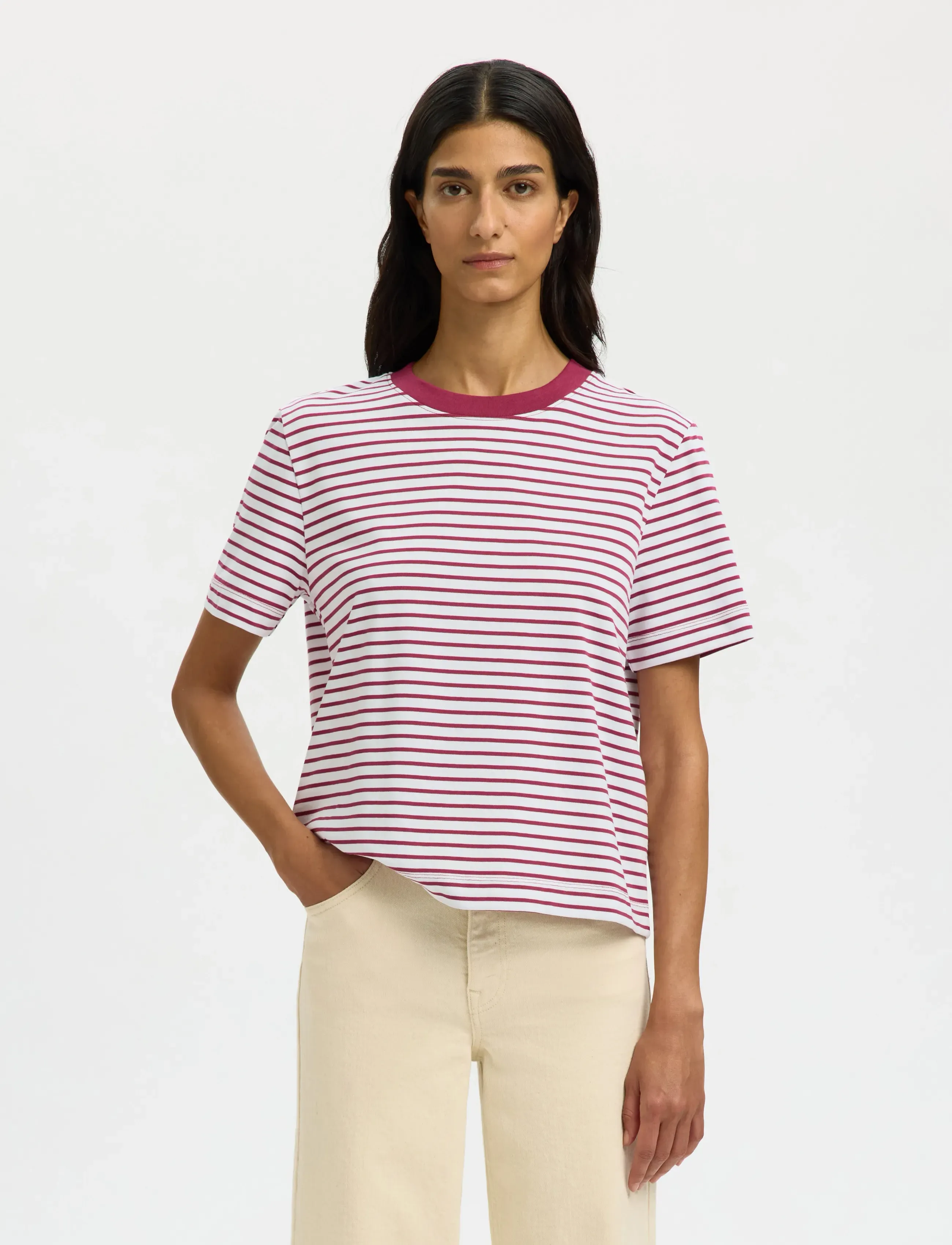 Selected SLWESSENTIAL SS STRIPED BOXY TEE NOOS - Stuttermabolir og toppar - ANEMONE / burgundy