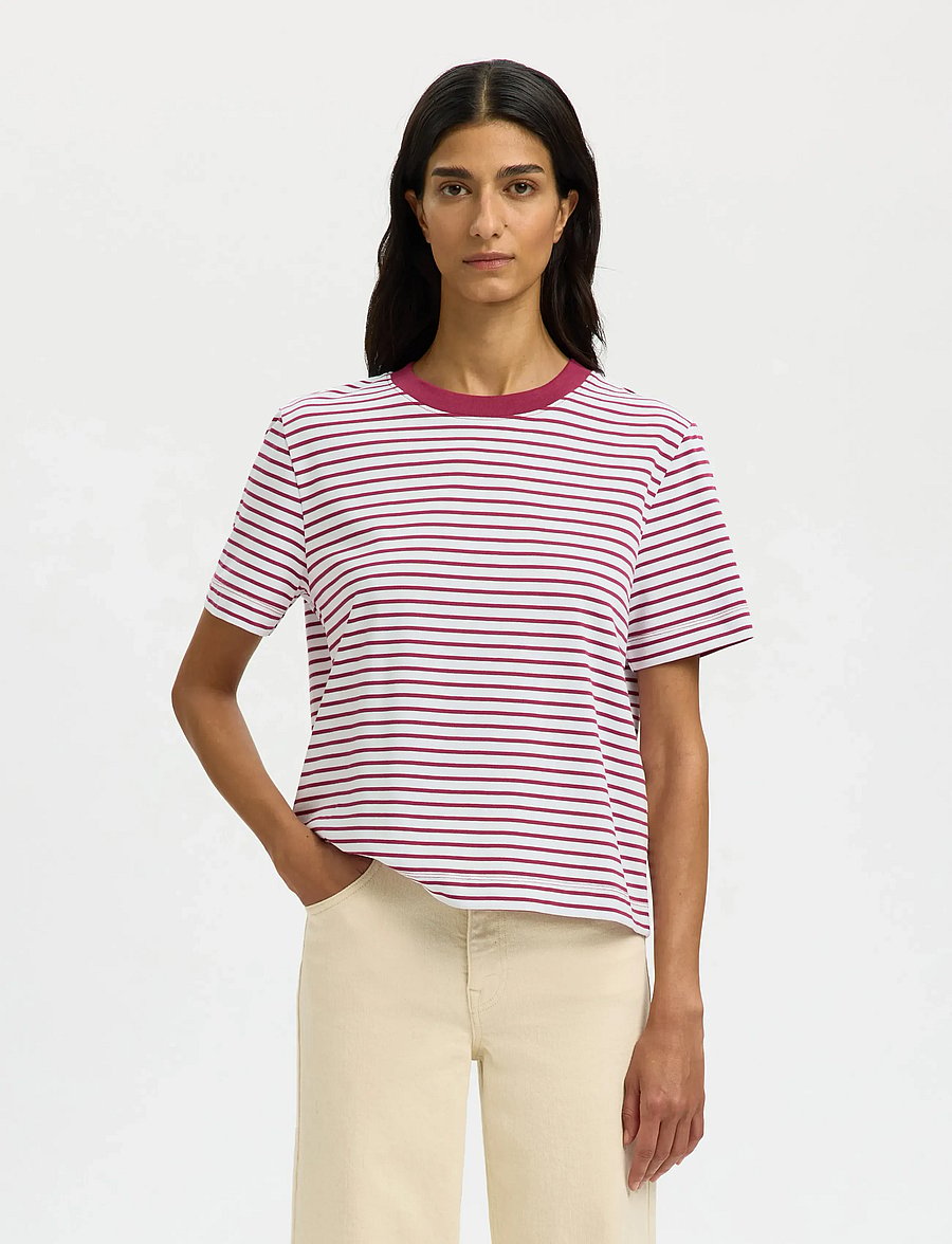 Selected - SLWESSENTIAL SS STRIPED BOXY TEE NOOS - t-shirts - anemone - 0