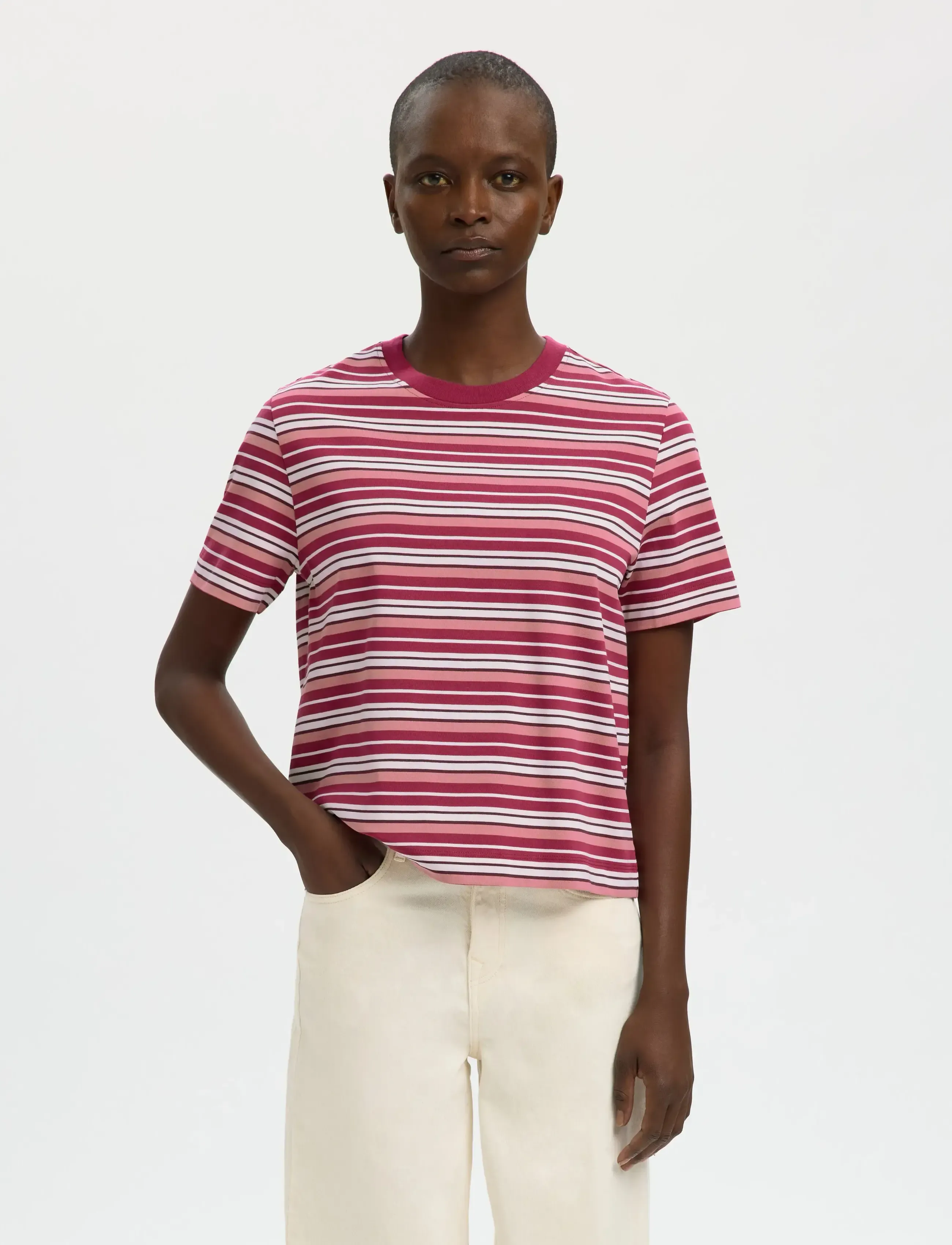 Selected SLWESSENTIAL SS STRIPED BOXY TEE NOOS - T-shirts & Tops - ANEMONE / burgundy
