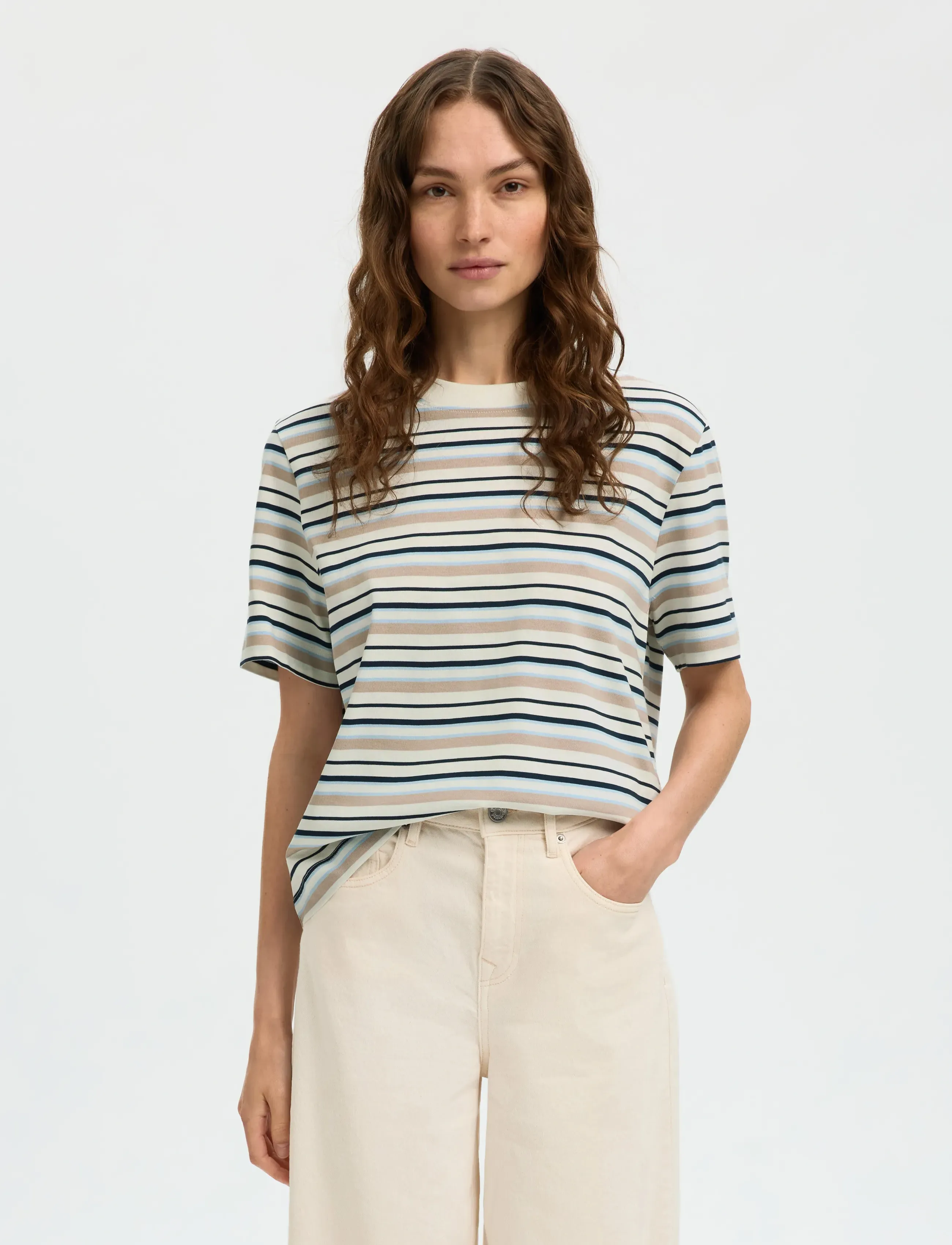 Selected SLWESSENTIAL SS STRIPED BOXY TEE NOOS - T-shirts & Toppar - CASHMERE BLUE / cream