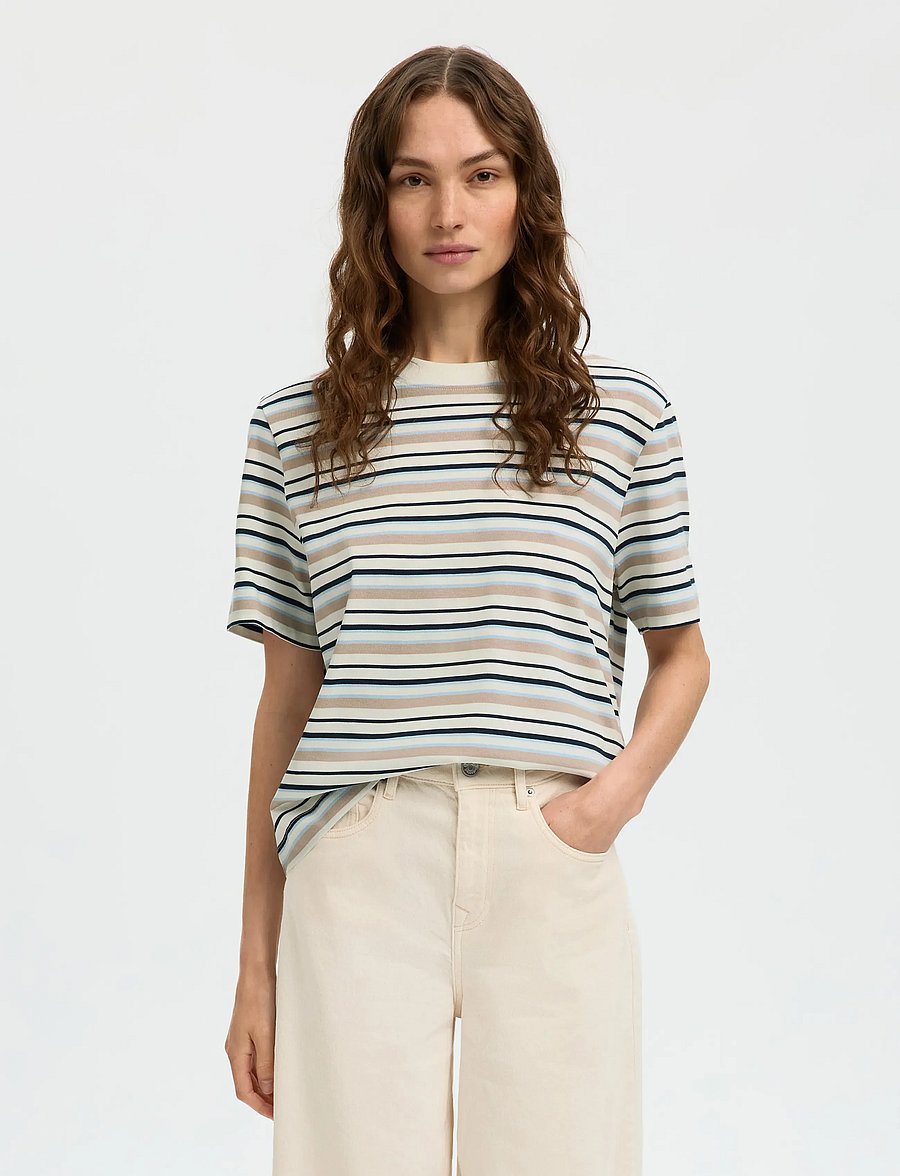 Selected - SLWESSENTIAL SS STRIPED BOXY TEE NOOS - t-shirts - cashmere blue - 0