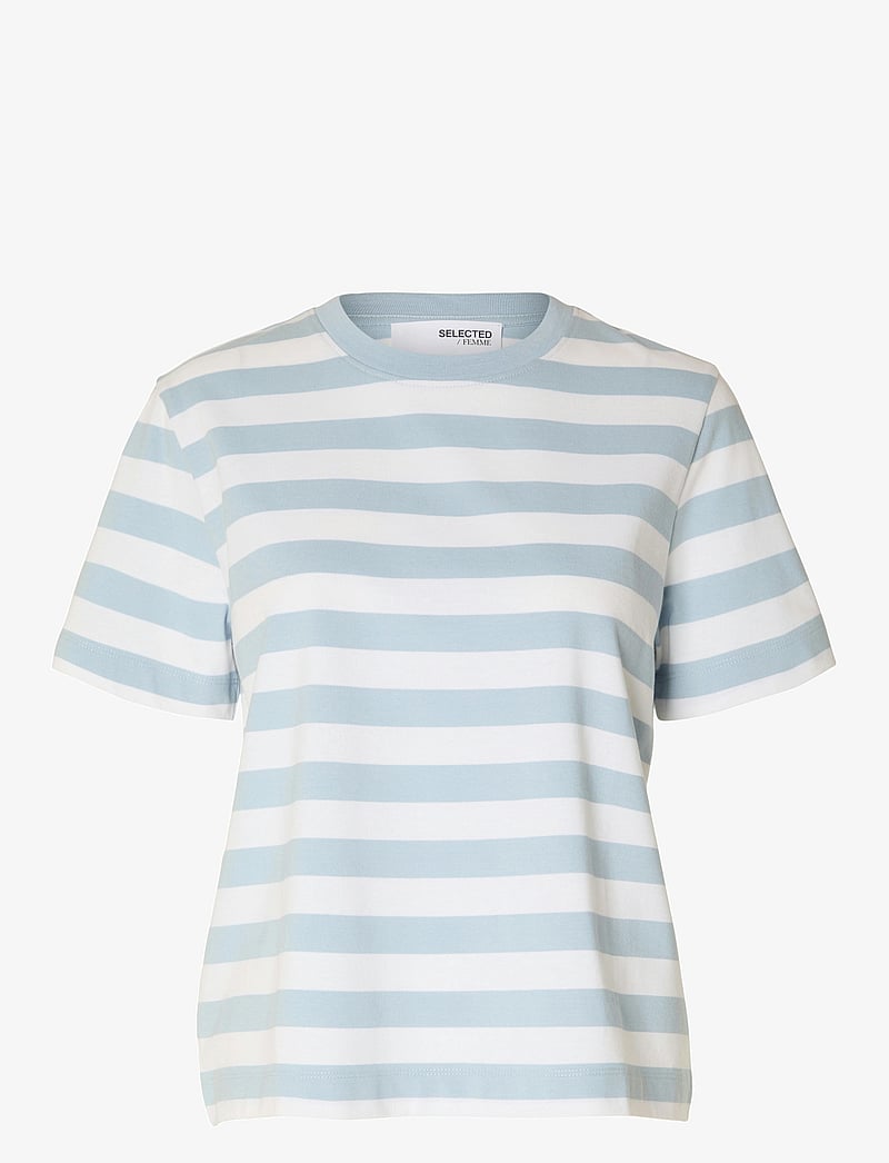 Selected - SLWESSENTIAL SS STRIPED BOXY TEE NOOS - t-shirts - cashmere blue - 1