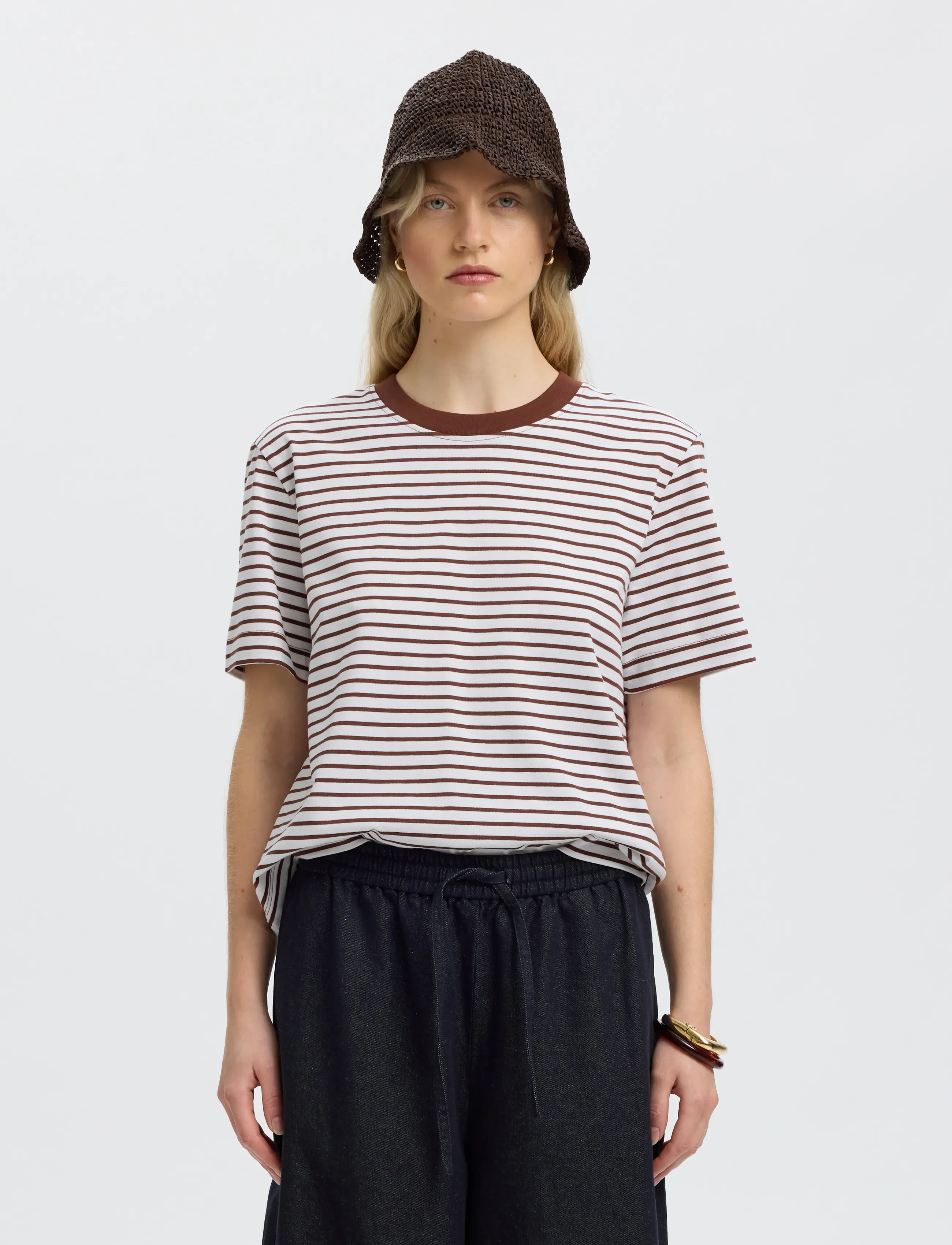 Selected SLWESSENTIAL SS STRIPED BOXY TEE NOOS - T-shirts - CHERRY MAHOGANY / white