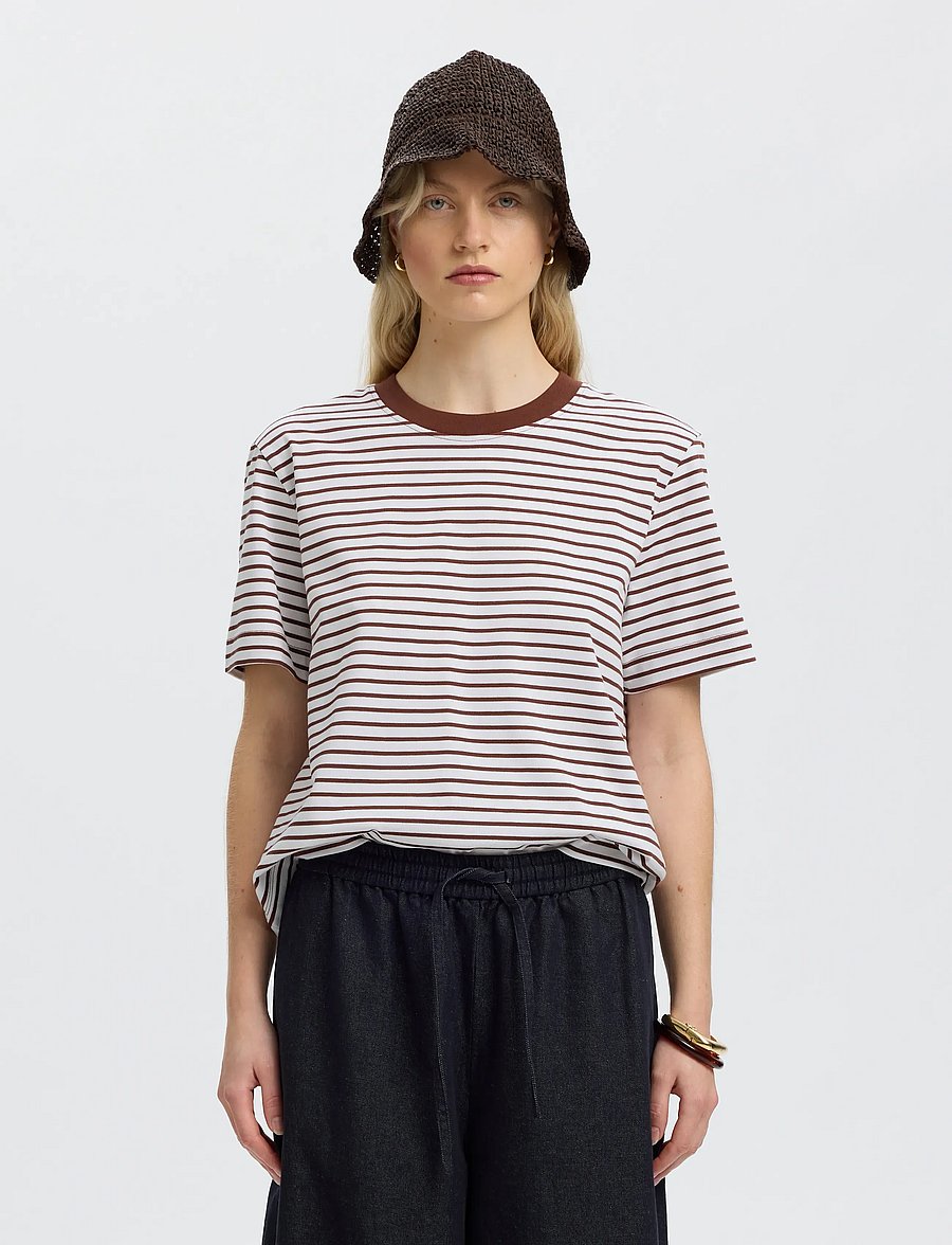 Selected - SLWESSENTIAL SS STRIPED BOXY TEE NOOS - t-shirts - cherry mahogany - 0