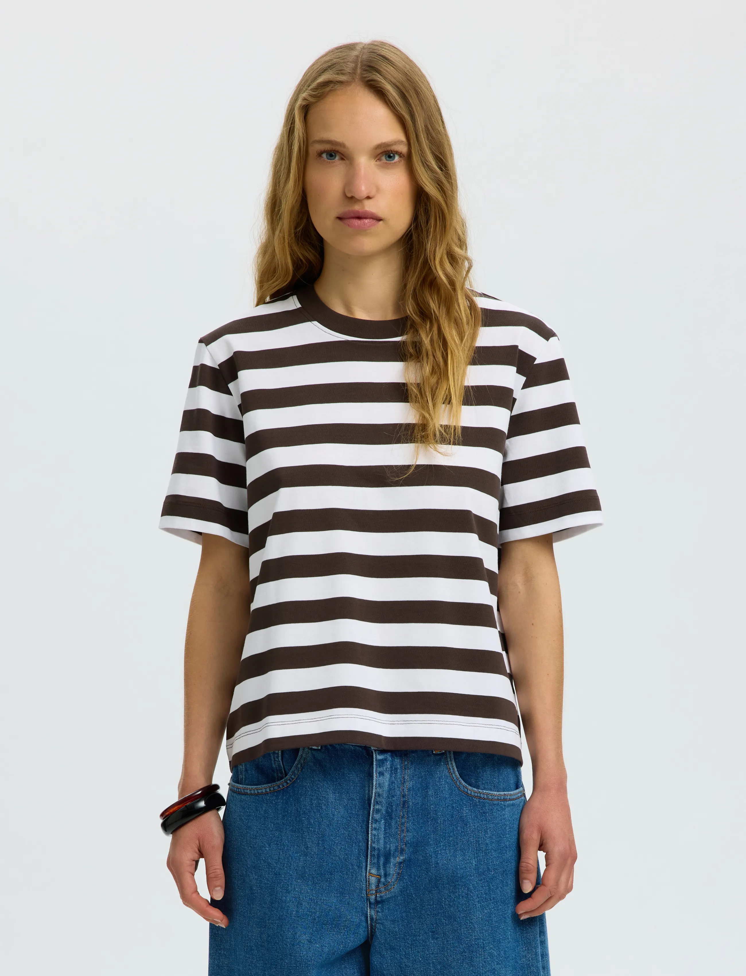 Selected Slwessential Ss Striped Boxy Tee Noos, S, T-shirts & Oberteile, Braun - Short-sleeved, Frauen