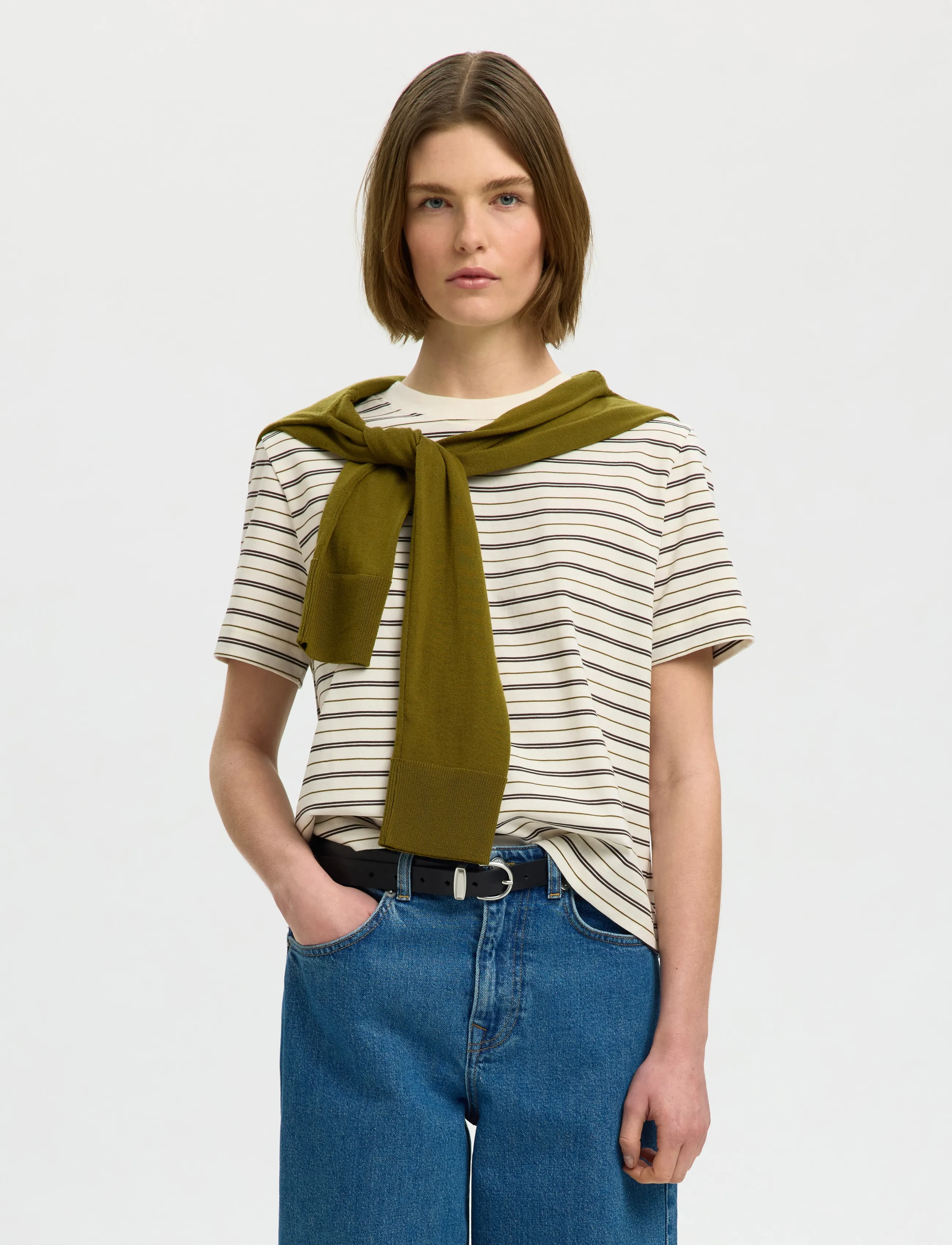 Selected Slwessential Ss Striped Boxy Tee Noos, XL, T-shirts & Oberteile, Creme - Short-sleeved, Frauen