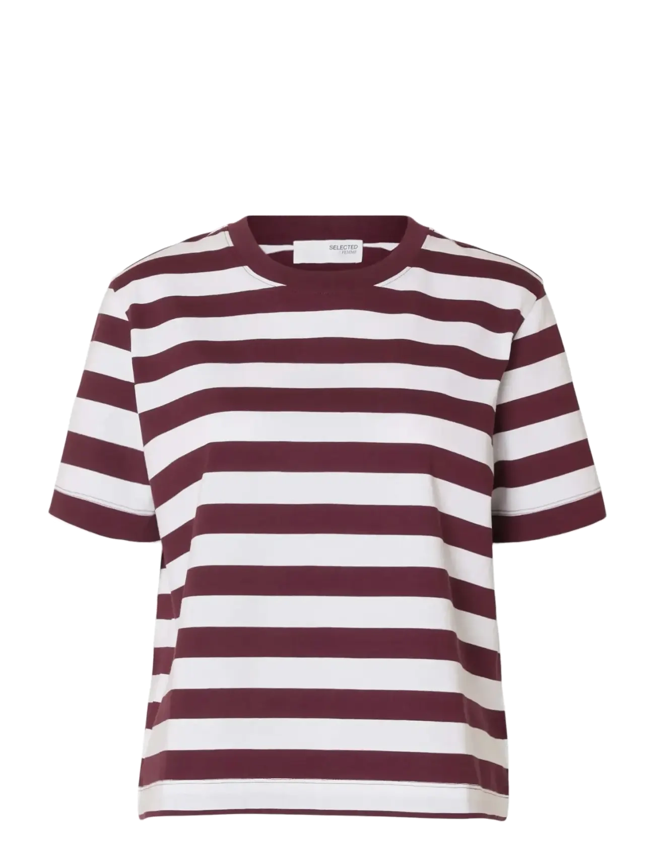 Selected SLWESSENTIAL SS STRIPED BOXY TEE NOOS - Selected - FIG / burgundy