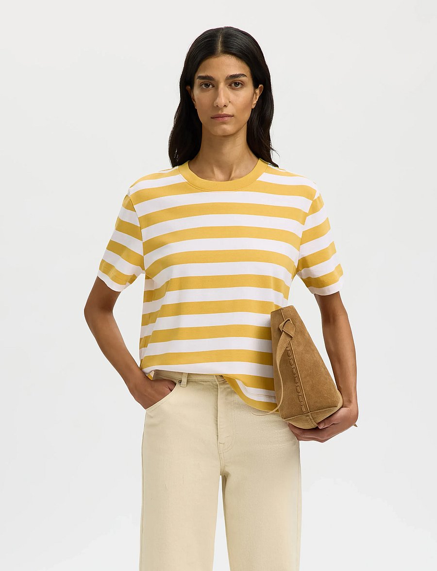 Selected - SLWESSENTIAL SS STRIPED BOXY TEE NOOS - t-shirts - ochre - 0