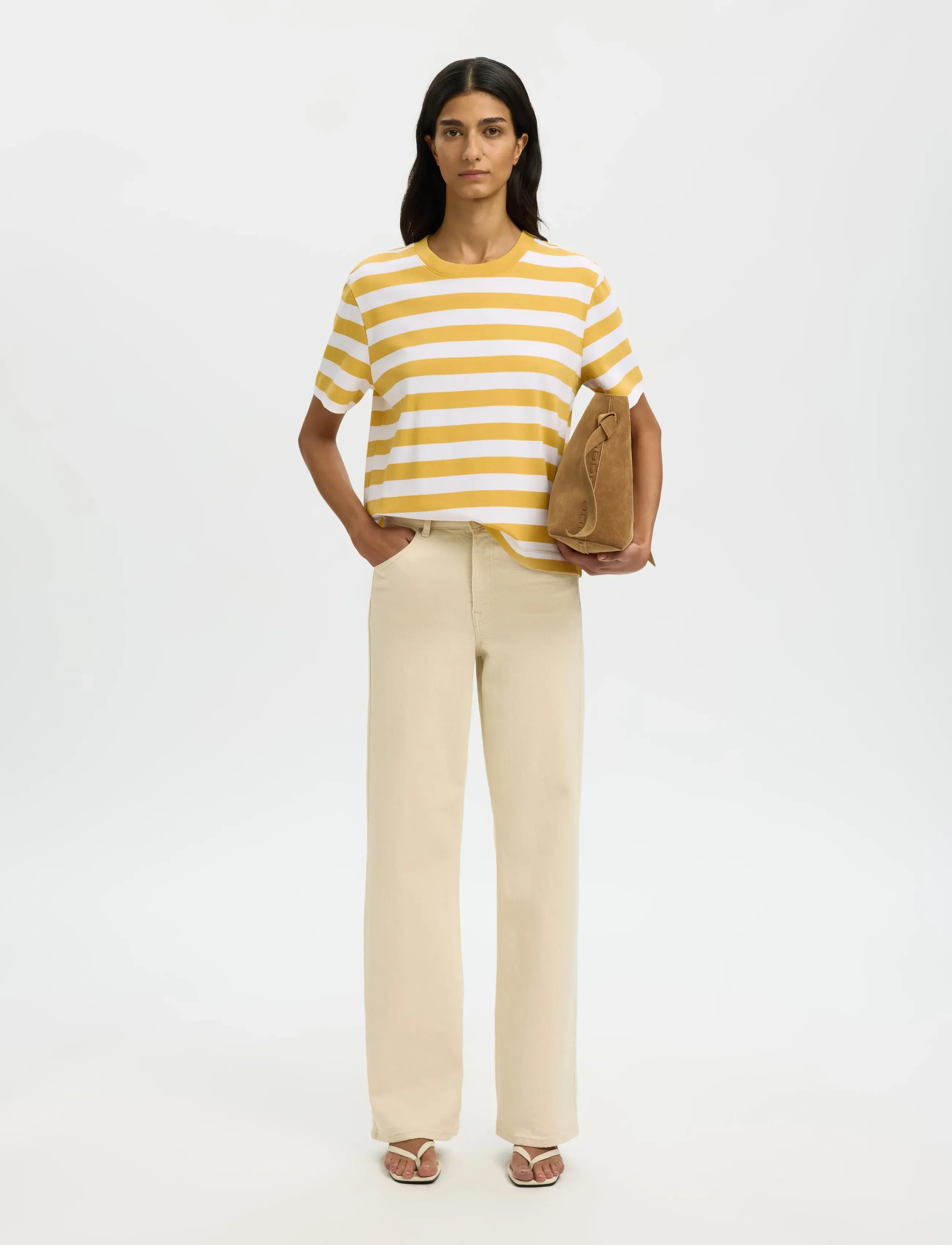 Selected - SLWESSENTIAL SS STRIPED BOXY TEE NOOS - t-shirts - ochre - 3