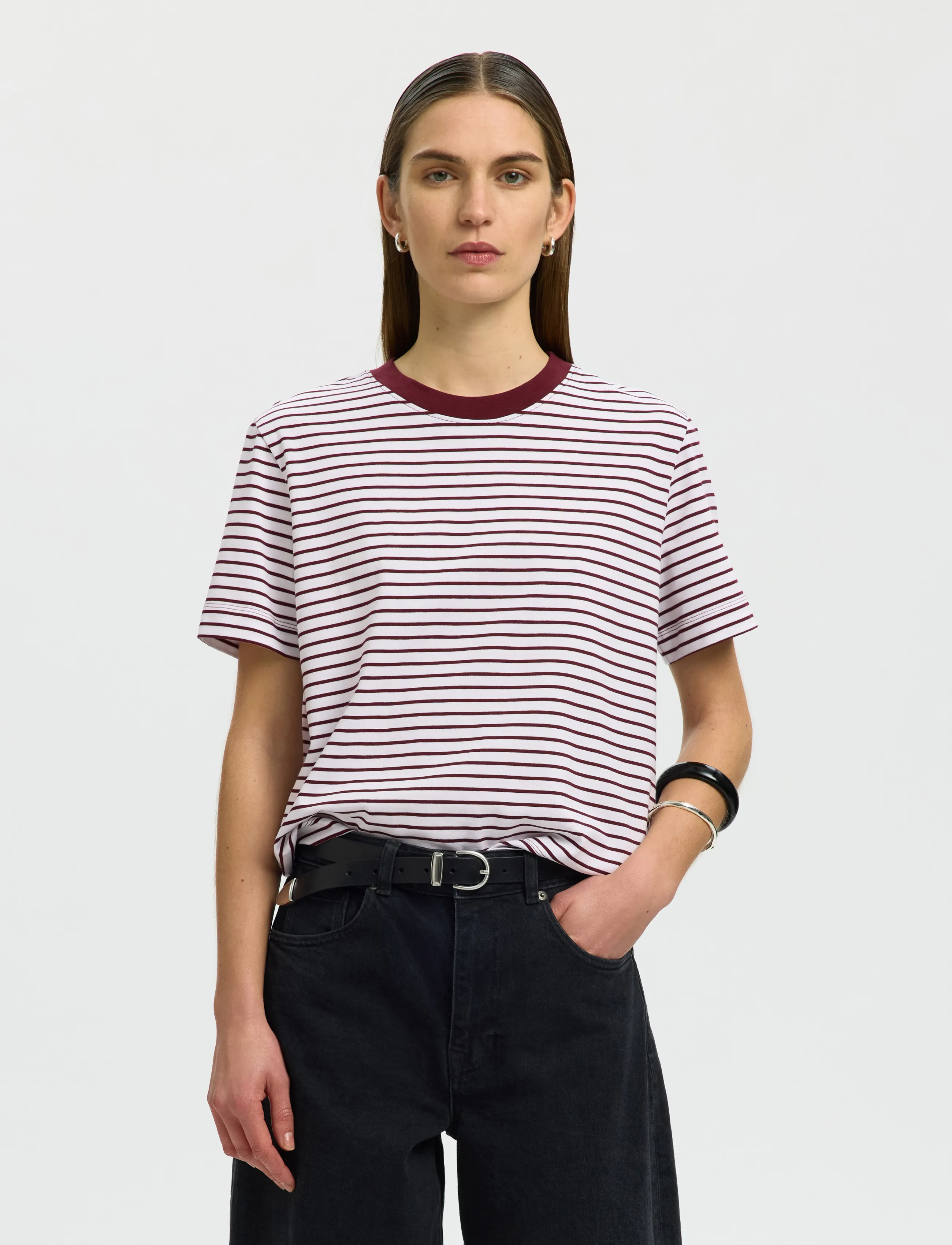 Selected Slwessential Ss Striped Boxy Tee Noos, M, T-shirts & Oberteile, Burgunderrot - Short-sleeved, Frauen