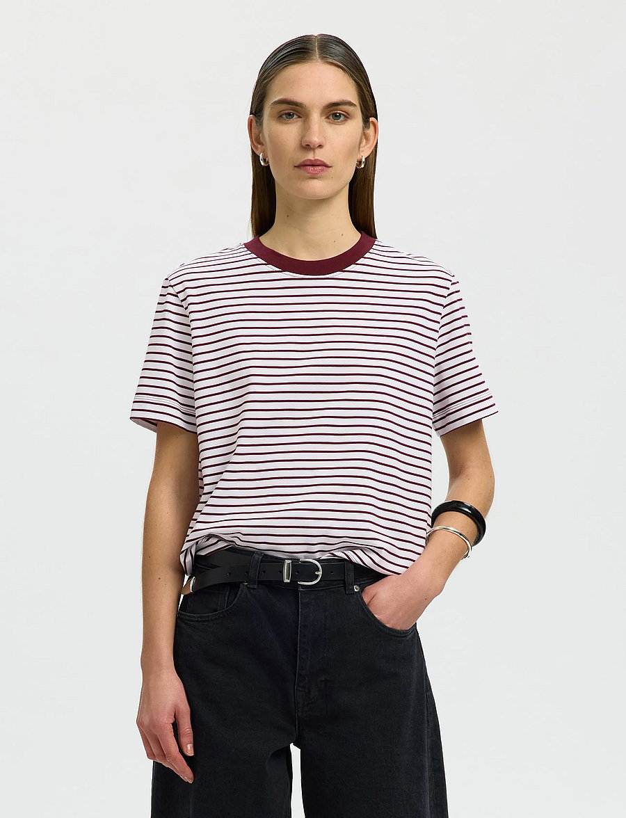 Selected - SLFESSENTIAL SS STRIPED BOXY TEE NOOS - t-shirts - tawny port - 0