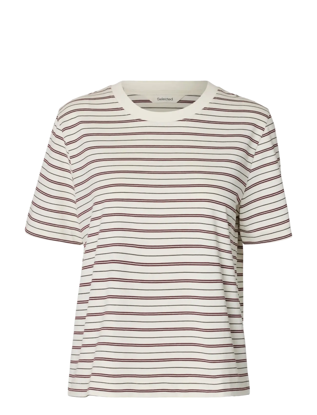 Selected SLWESSENTIAL SS STRIPED BOXY TEE NOOS - Kleidung - TAWNY PORT / cream