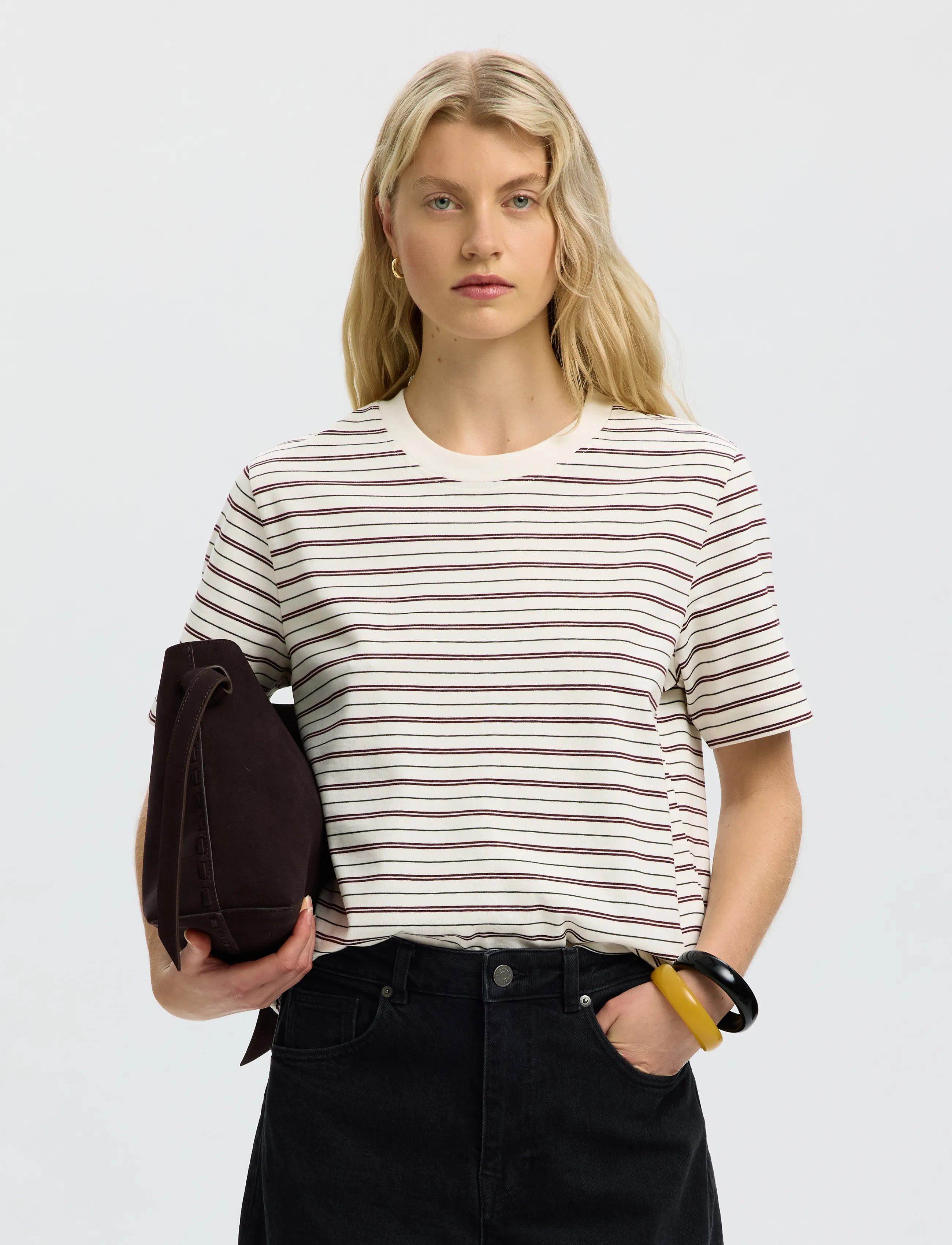 Selected Slwessential Ss Striped Boxy Tee Noos, XXL, T-shirts & Oberteile, Creme - Short-sleeved, Frauen