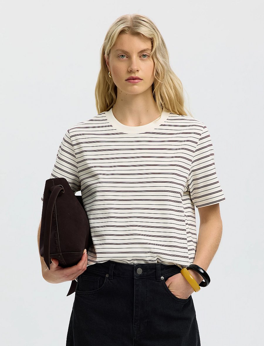Selected - SLWESSENTIAL SS STRIPED BOXY TEE NOOS - t-shirts - tawny port - 0