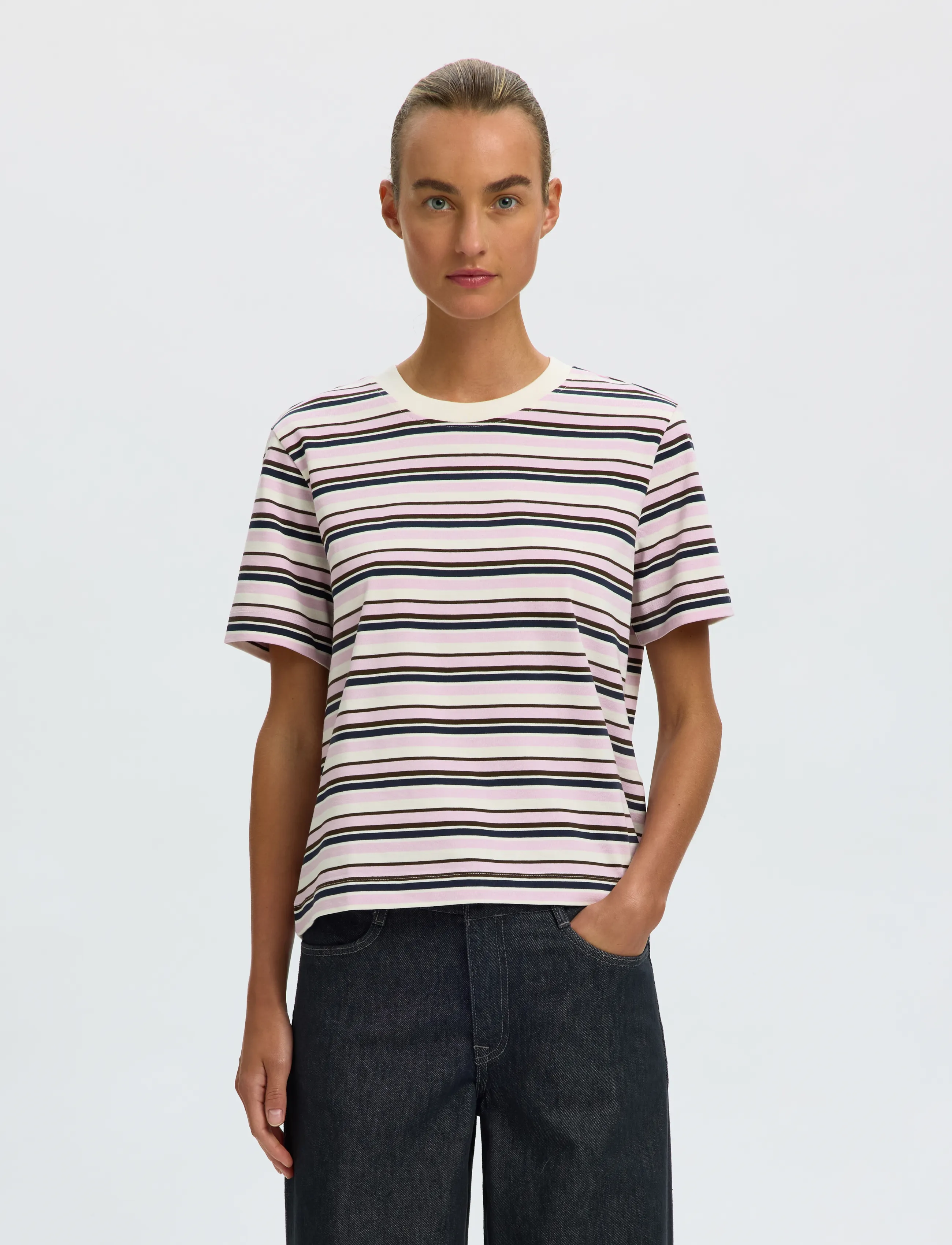 Selected Slwessential Ss Striped Boxy Tee Noos, M, T-shirts & Oberteile, Rosa - Short-sleeved, Frauen